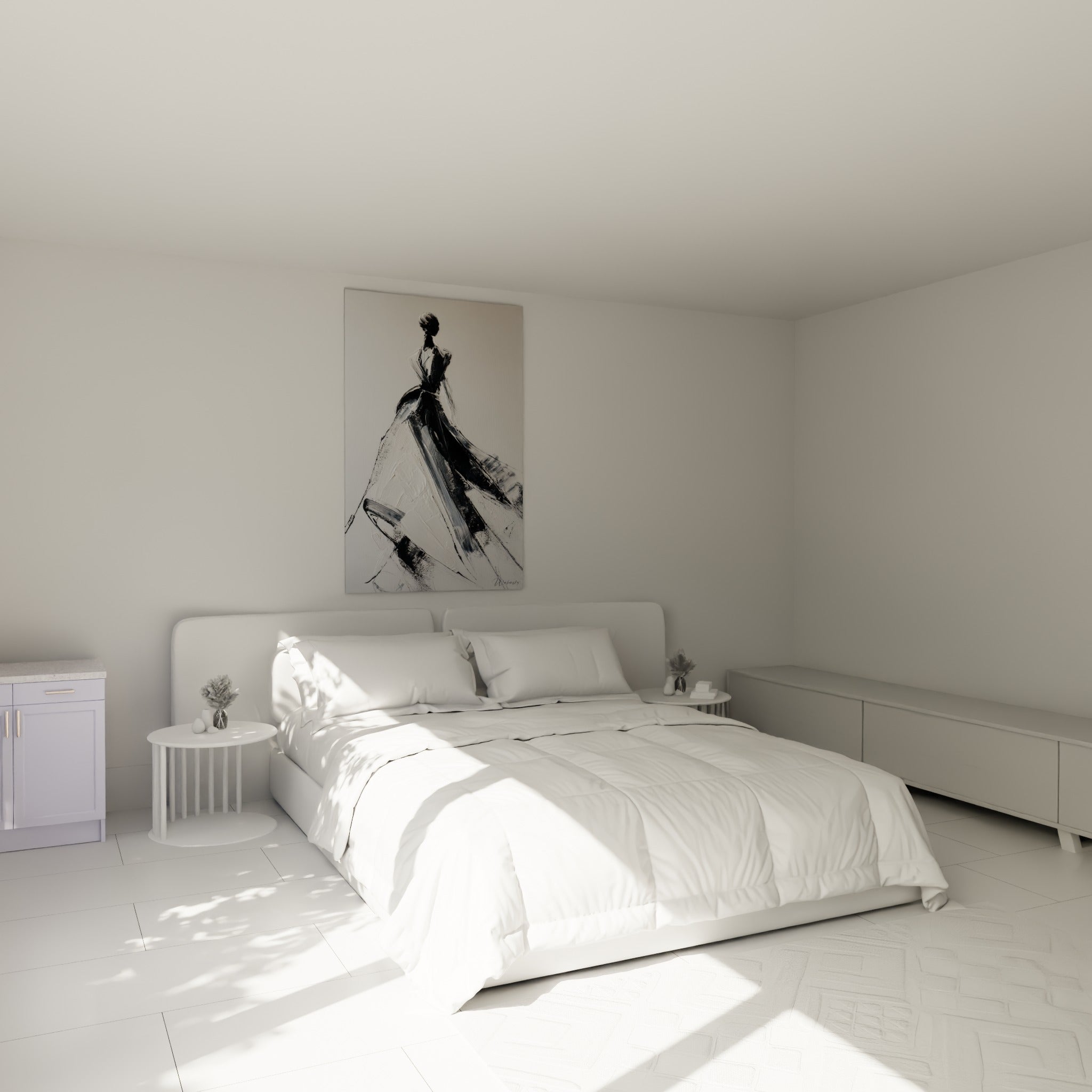 Femme drapée dans une robe blanche et noire suspendue au-dessus d'un lit dans une chambre claire