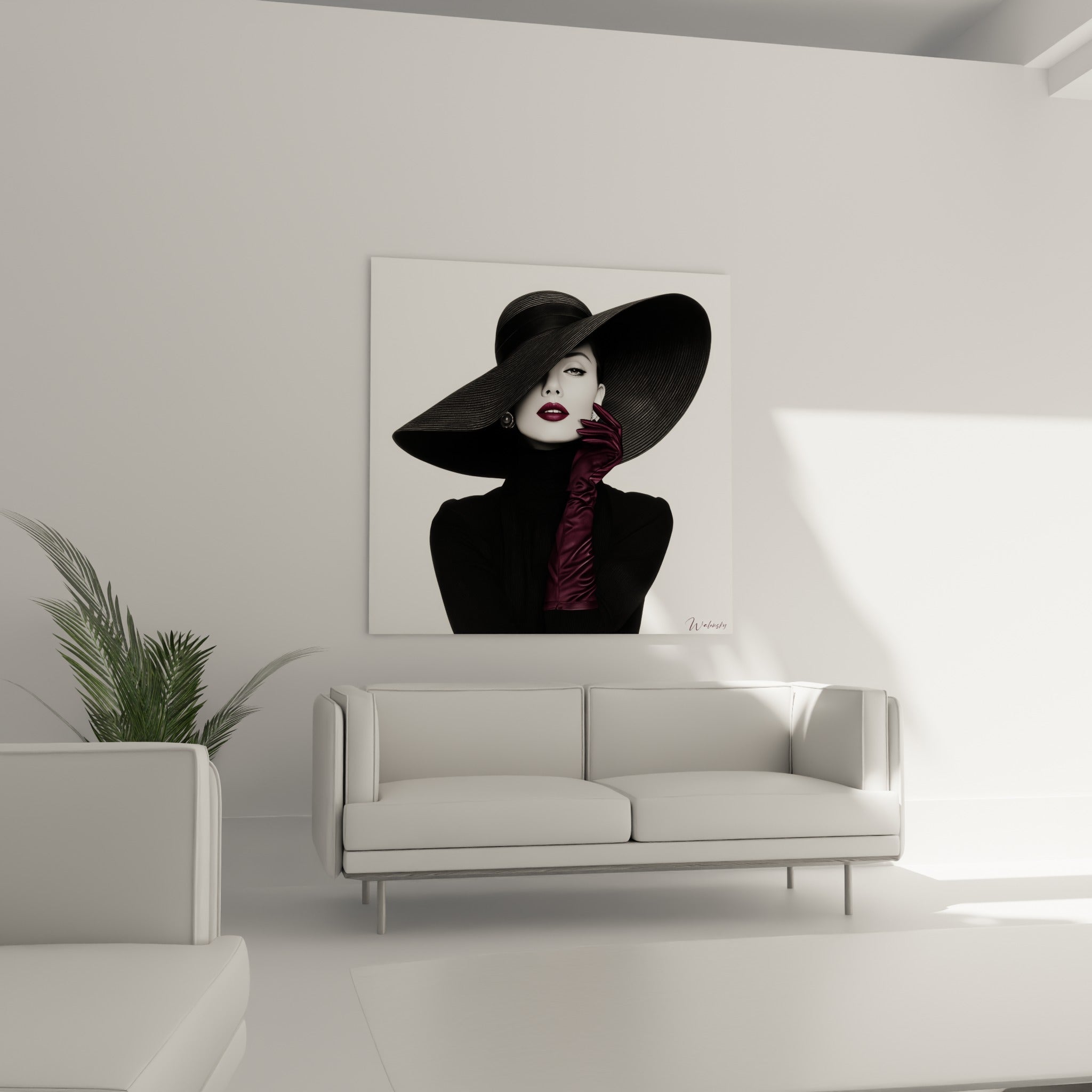 Silhouette féminine en noir profond et prune satiné, suspendue au-dessus d'un canapé dans un salon lumineux