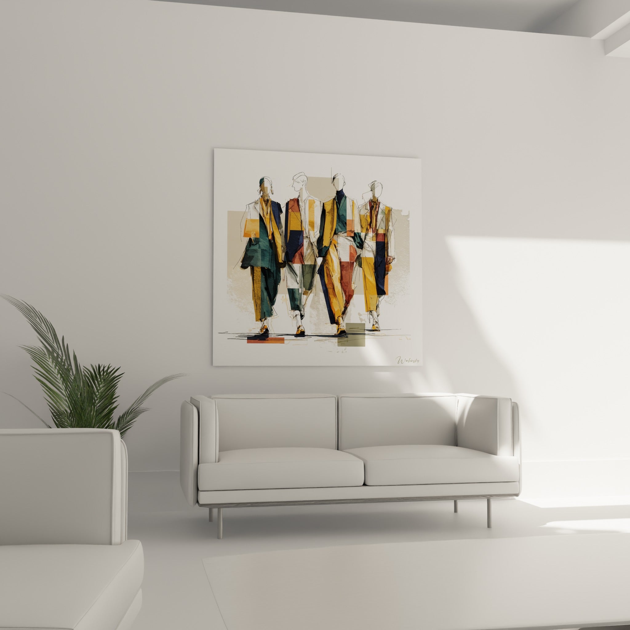 Figures esquissées en illustration de mode, blocs terracotta et vert sauge, au-dessus d'un canapé dans un salon lumineux