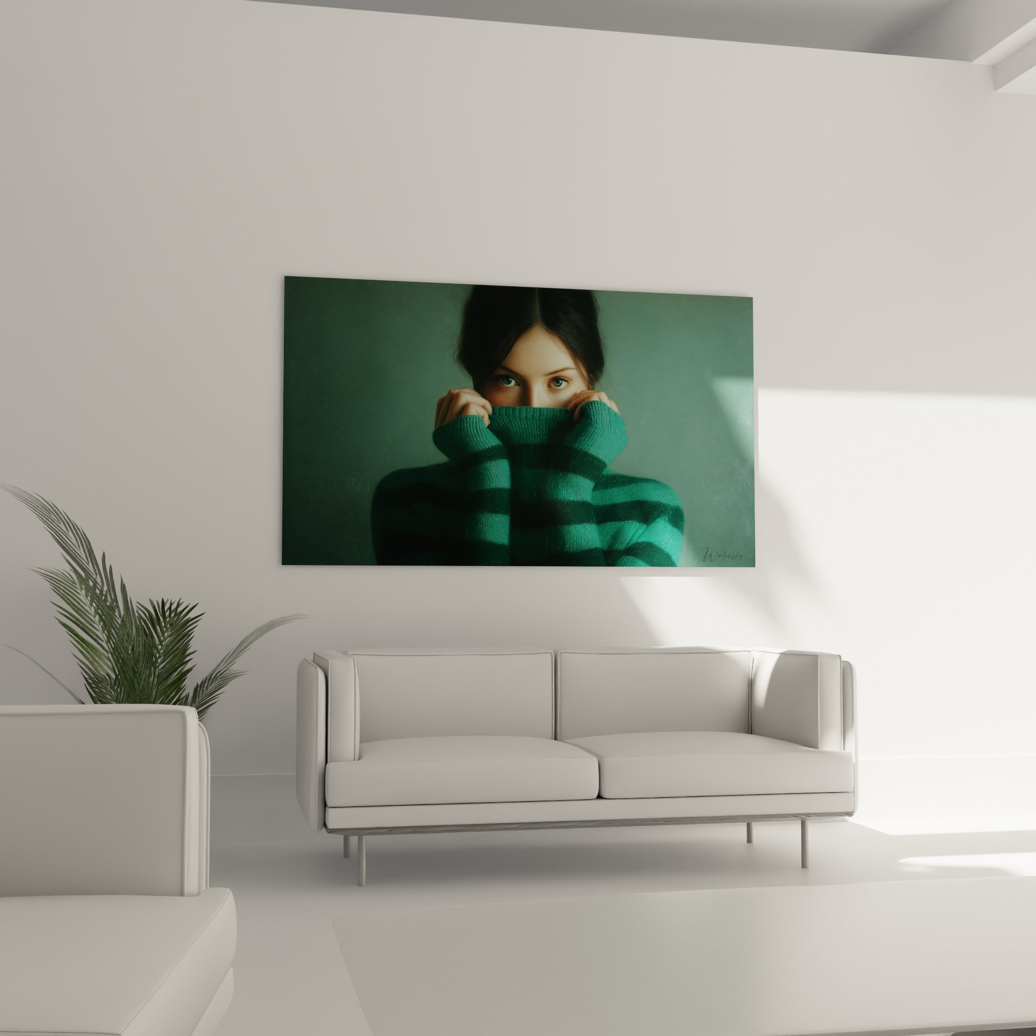 Mains agrippées à un pull rayé émeraude et anthracite, œuvre accrochée au-dessus d'un canapé dans un salon lumineux