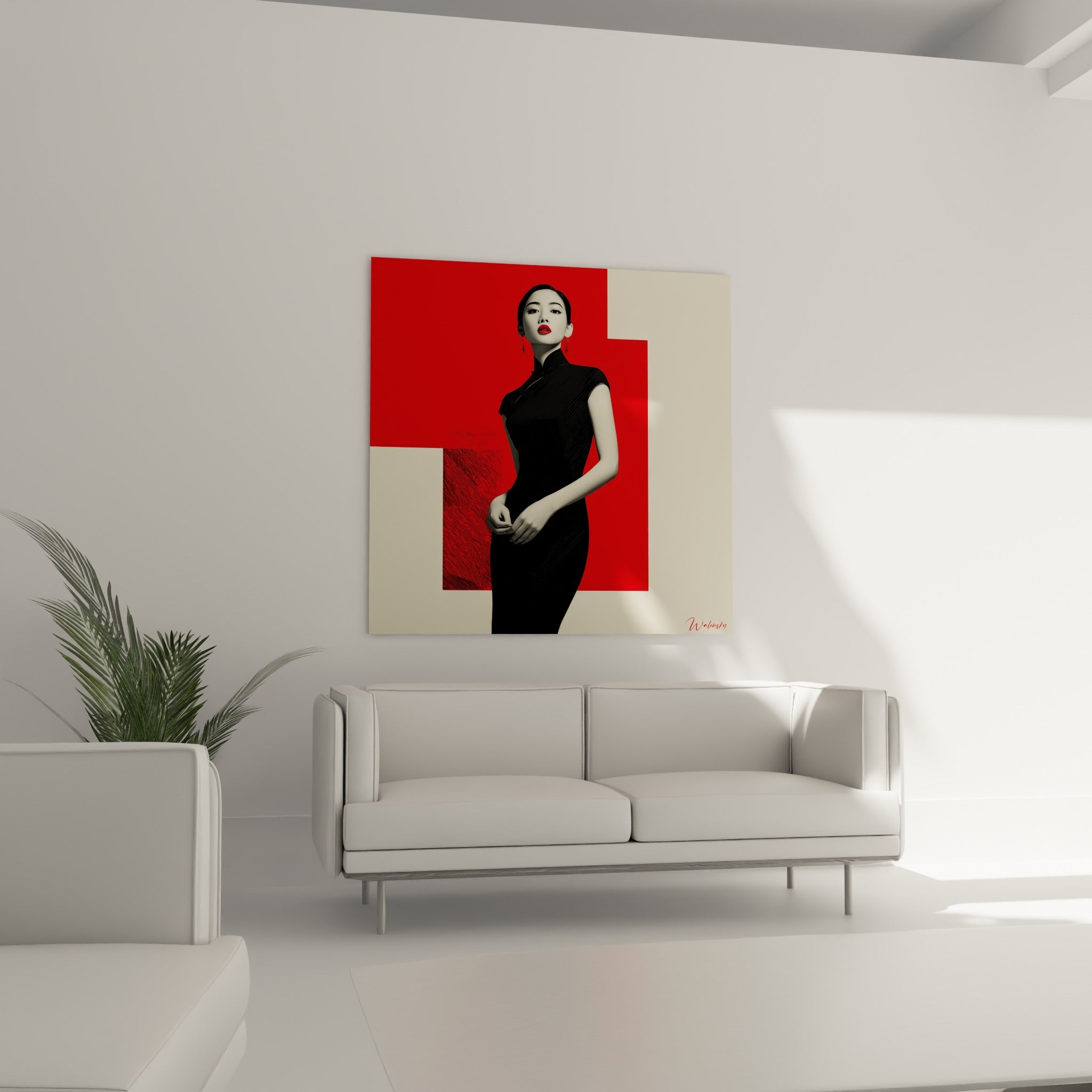 Portrait graphique en noir et rouge écarlate d'une femme élégante, disposé au-dessus d'un canapé dans un salon lumineux