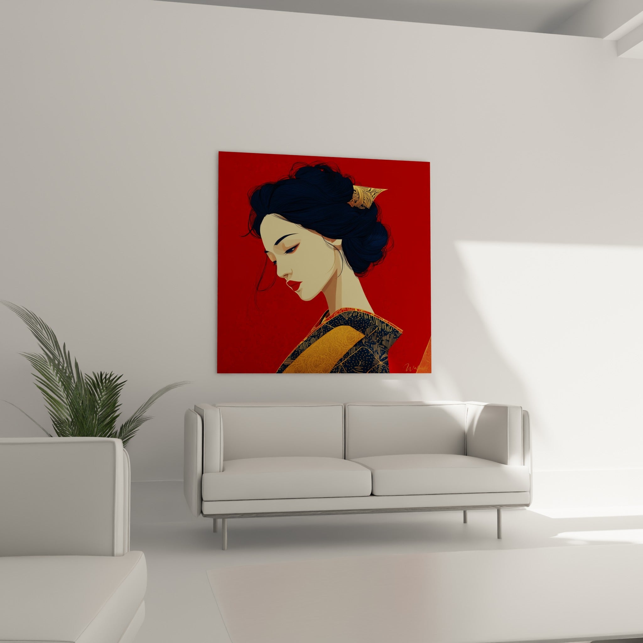 Portrait féminin rouge et ocre, chevelure sombre sculptée, au-dessus d'un canapé dans un salon lumineux