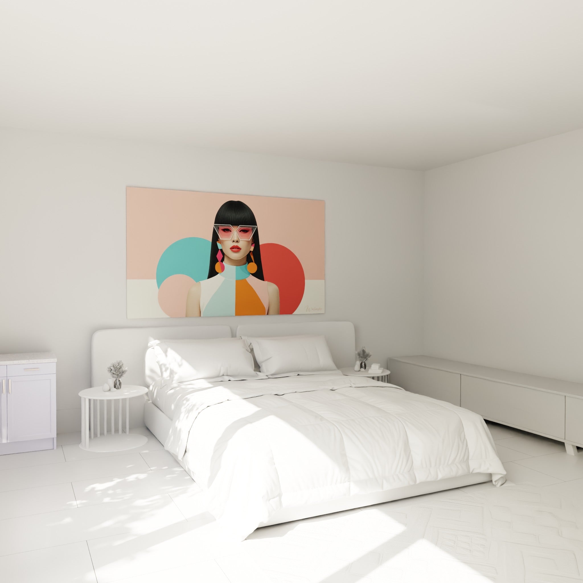 Portrait stylisé rose et corail accroché au-dessus d'un lit dans une chambre claire