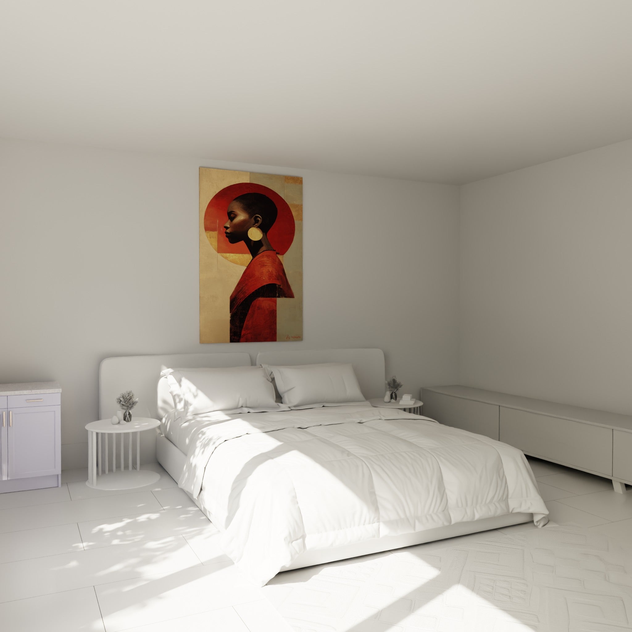 Portrait rouge et doré d'une femme de profil, drapé texturé, au-dessus d'un lit dans une chambre claire