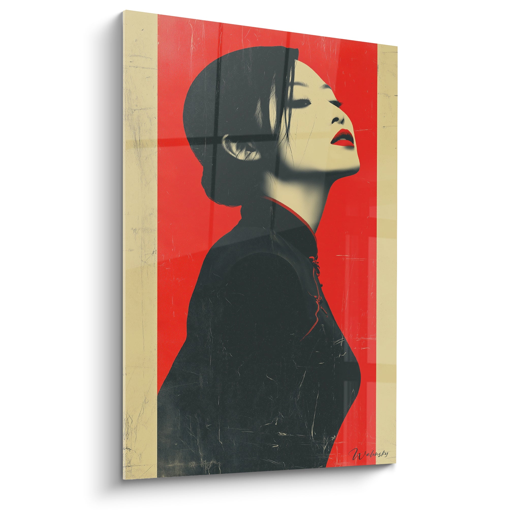 Profil féminin rouge et noir aux lèvres vermillon, illustration de mode style affiche vintage
