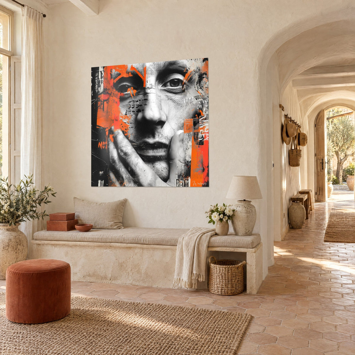 Tableau regard pensif griffé de collage typographique orange et noir, suspendu au mur crépi d'un couloir voûté en pierre