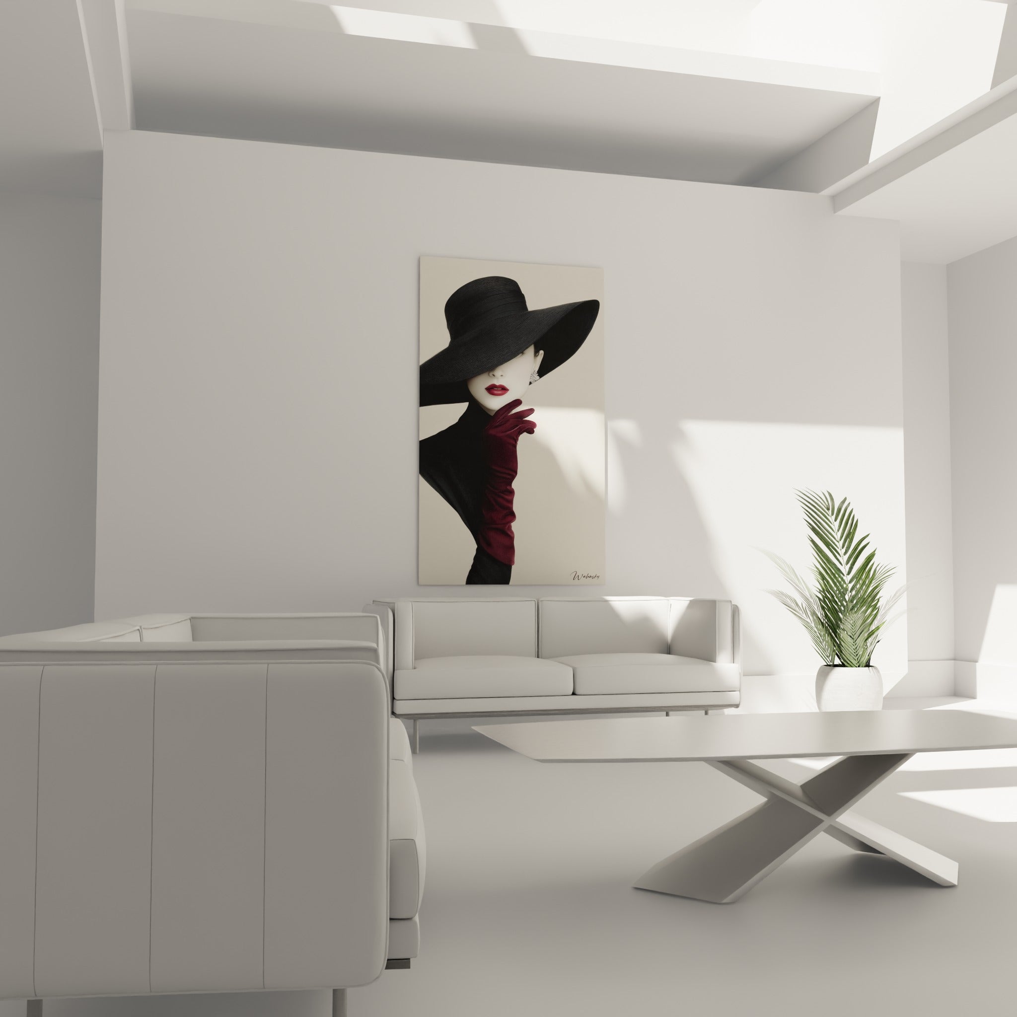 Élégante figure au chapeau anthracite et lèvres carmin, au-dessus d'un canapé dans un salon lumineux
