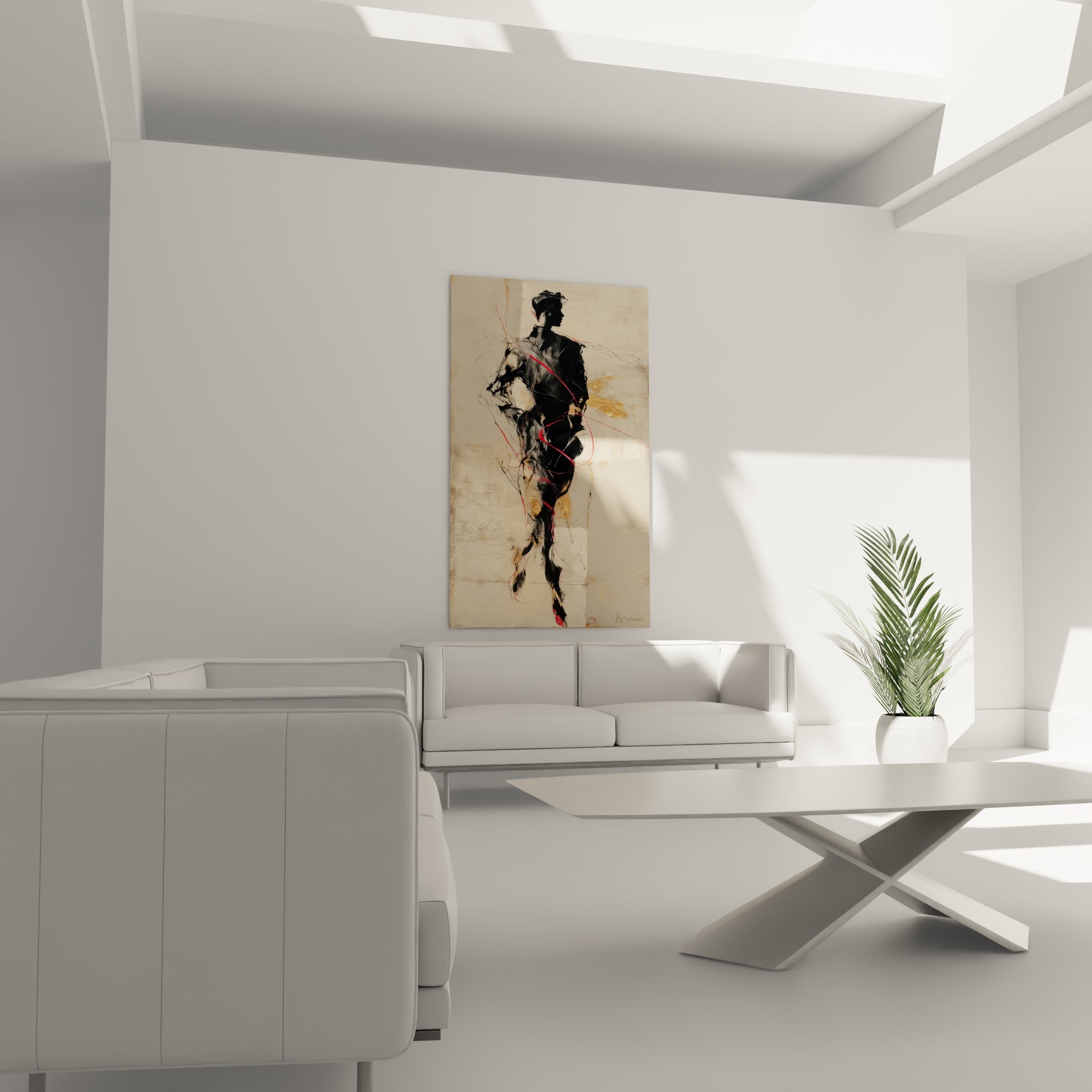 Personnage en mouvement noir et beige, éclats dorés, au-dessus d'un canapé dans un salon lumineux