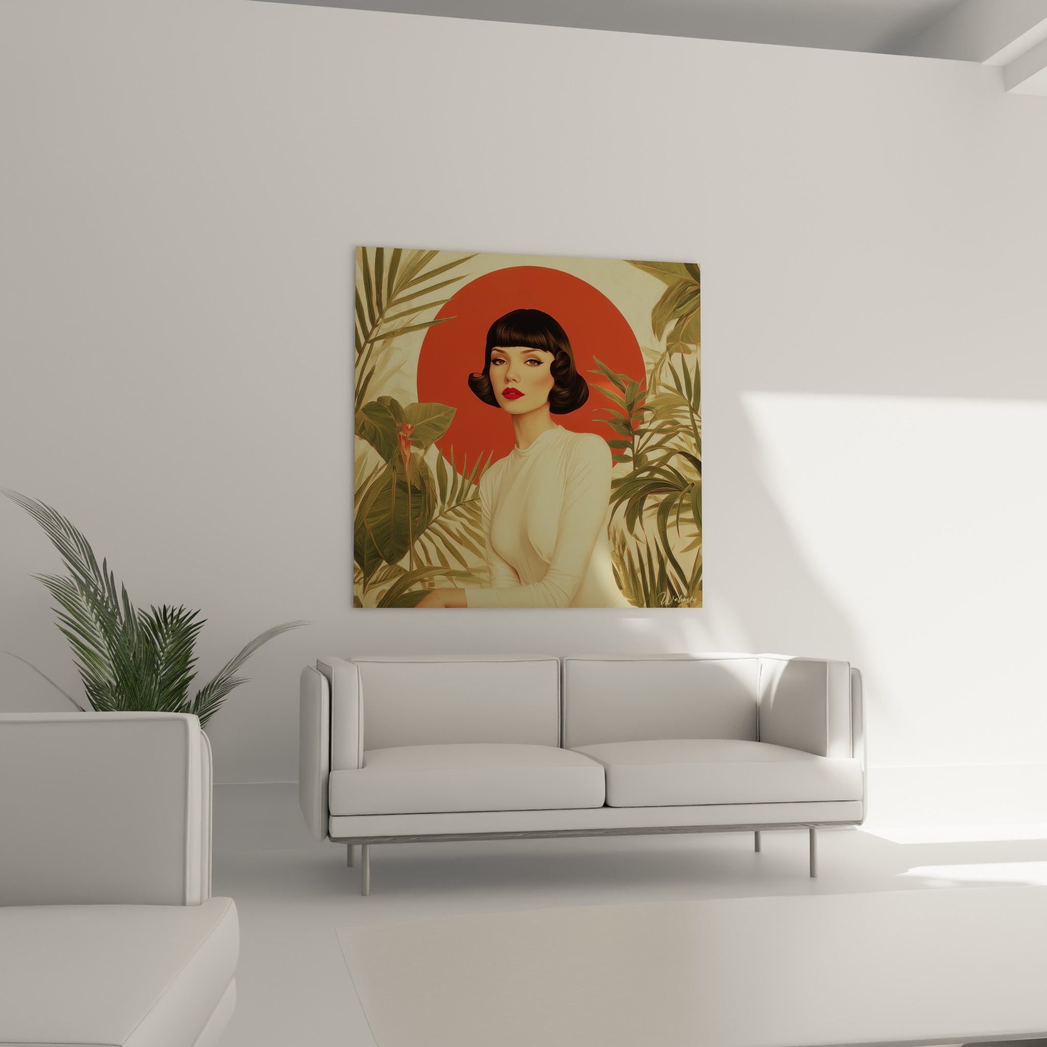 Silhouette élégante encadrée de rouge terracotta et de palmiers verts au-dessus d'un canapé dans un salon lumineux