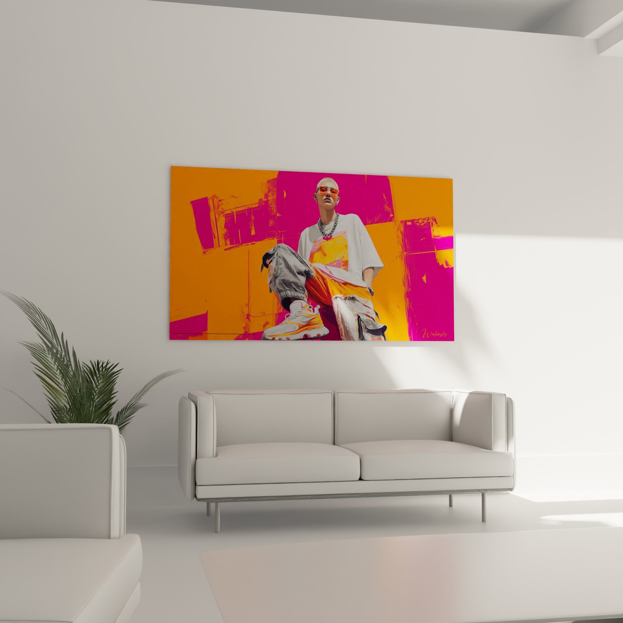 Personnage blond en tee-shirt blanc oversize, illustration de mode fuchsia au-dessus d'un canapé dans un salon lumineux