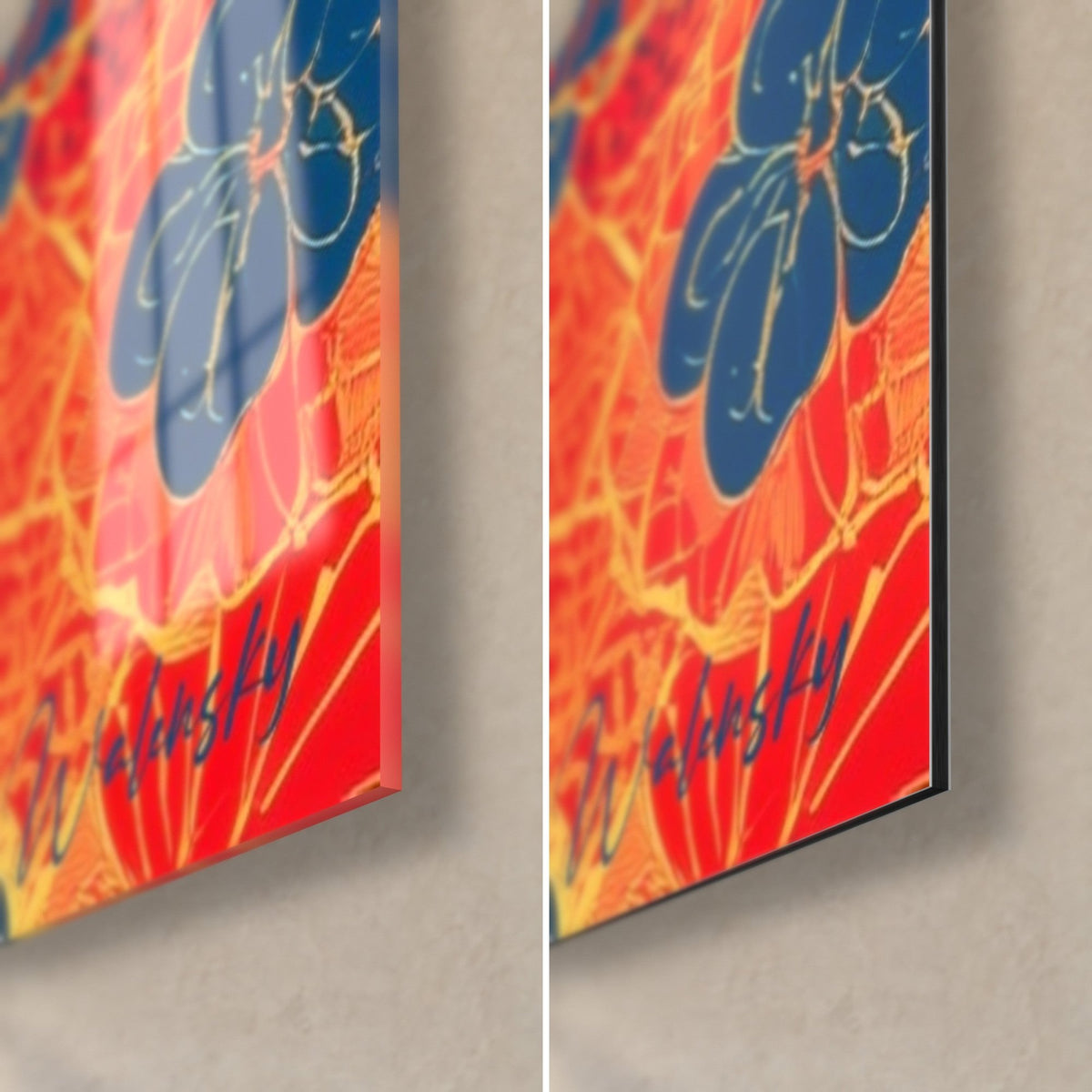 Wall art geisha in blue and orange floral kimono, bottom right corner: glossy glass on the left, matte Dibond on the right, 3 mm edge