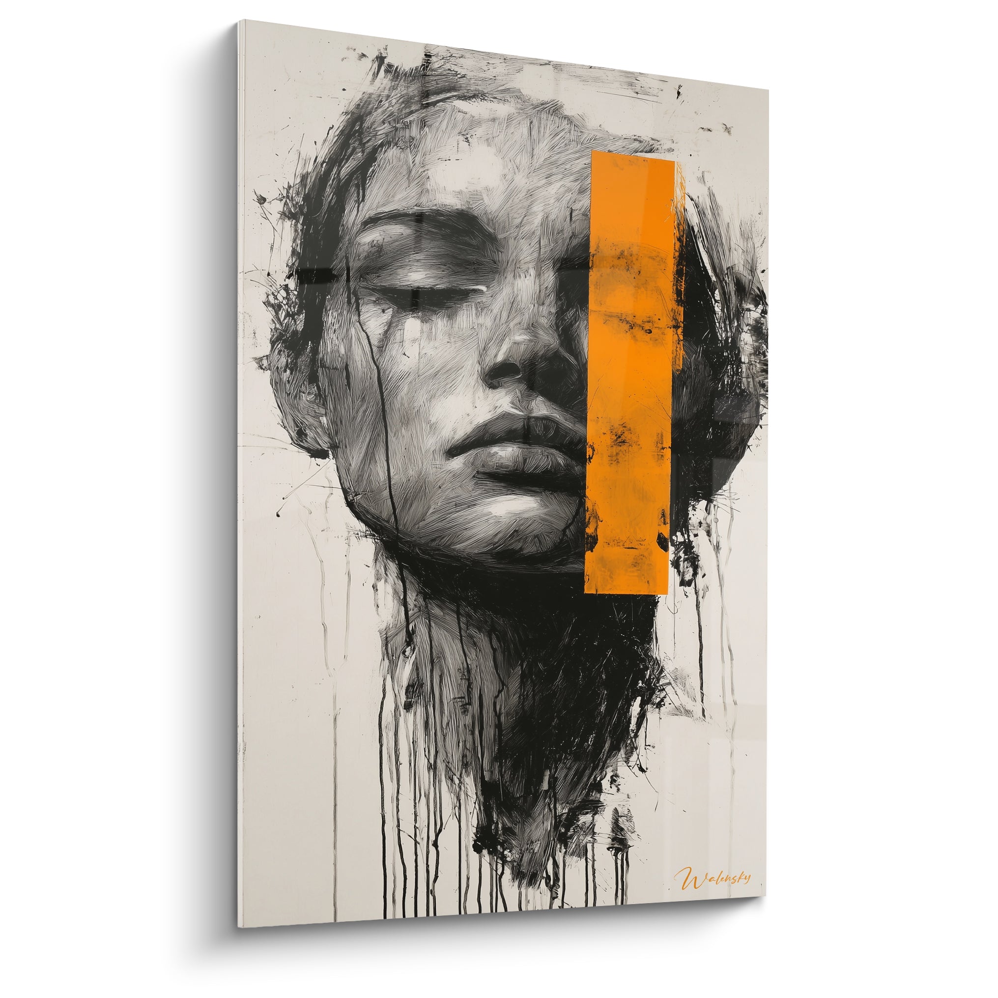 Visage esquissé aux yeux clos, traits noirs et bande orange vif sur fond crème clair