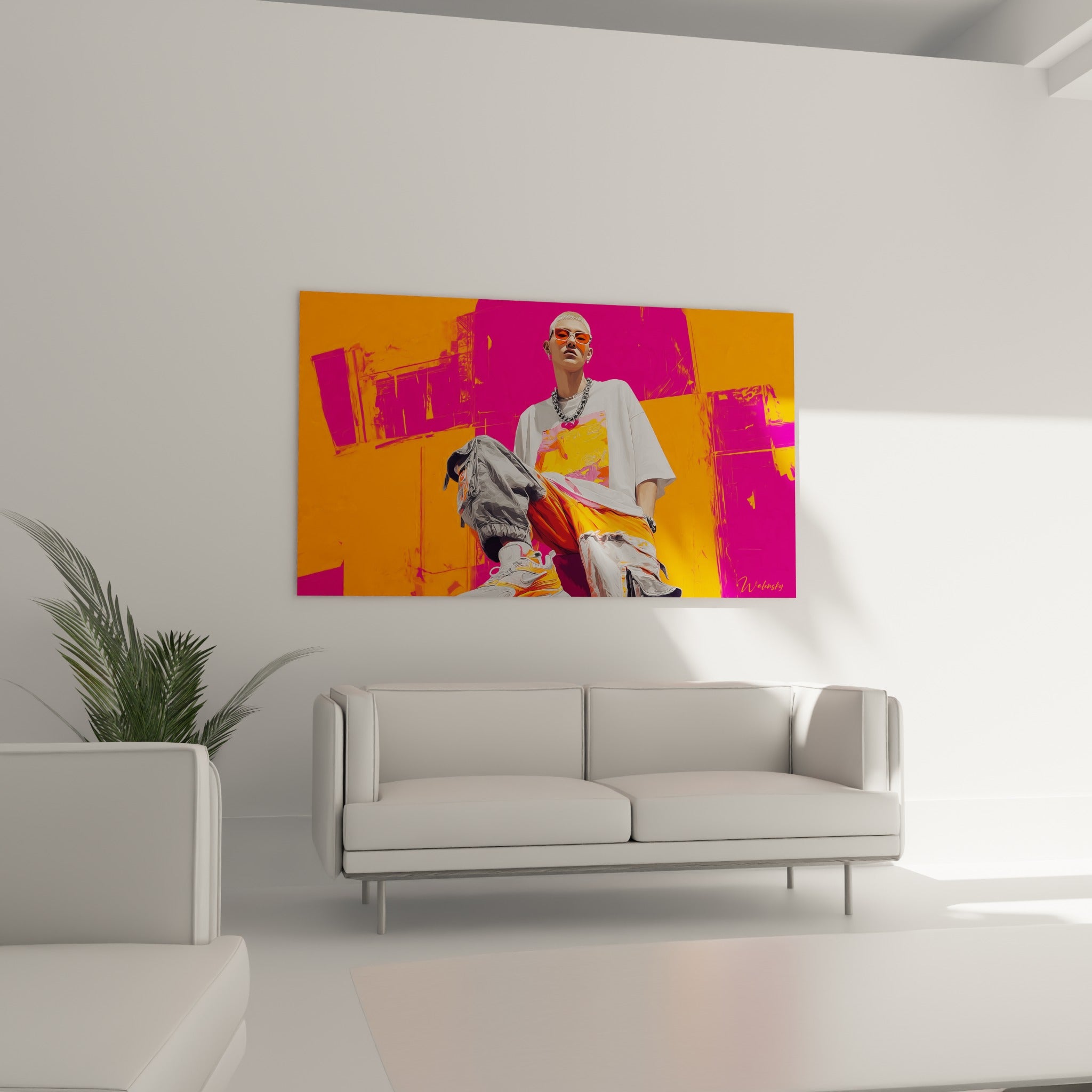 Personnage stylisé en cargo orange et gris, au-dessus d'un canapé dans un salon lumineux