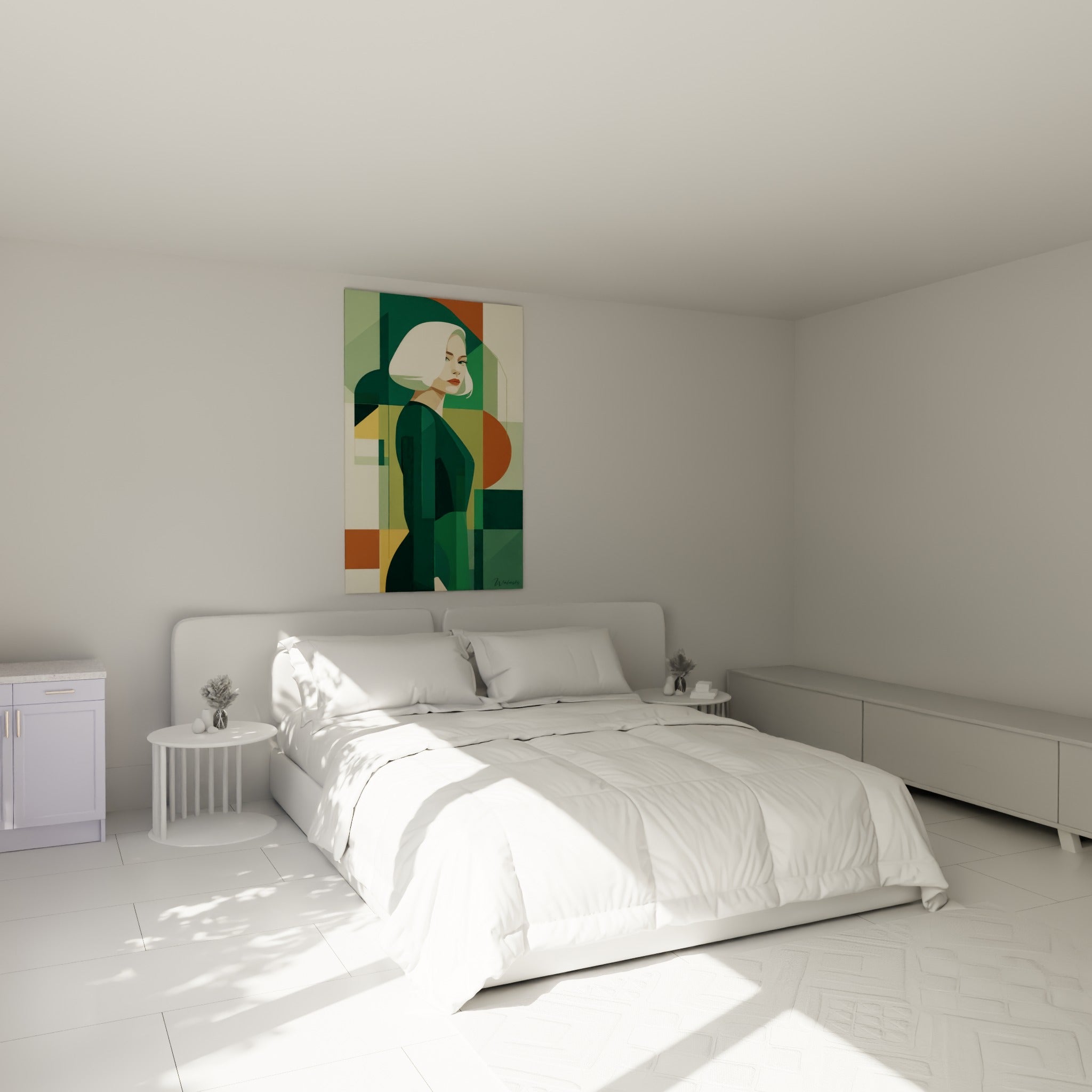 Portrait stylisé en robe verte et fond terracotta, illustration de mode au-dessus d'un lit dans une chambre claire