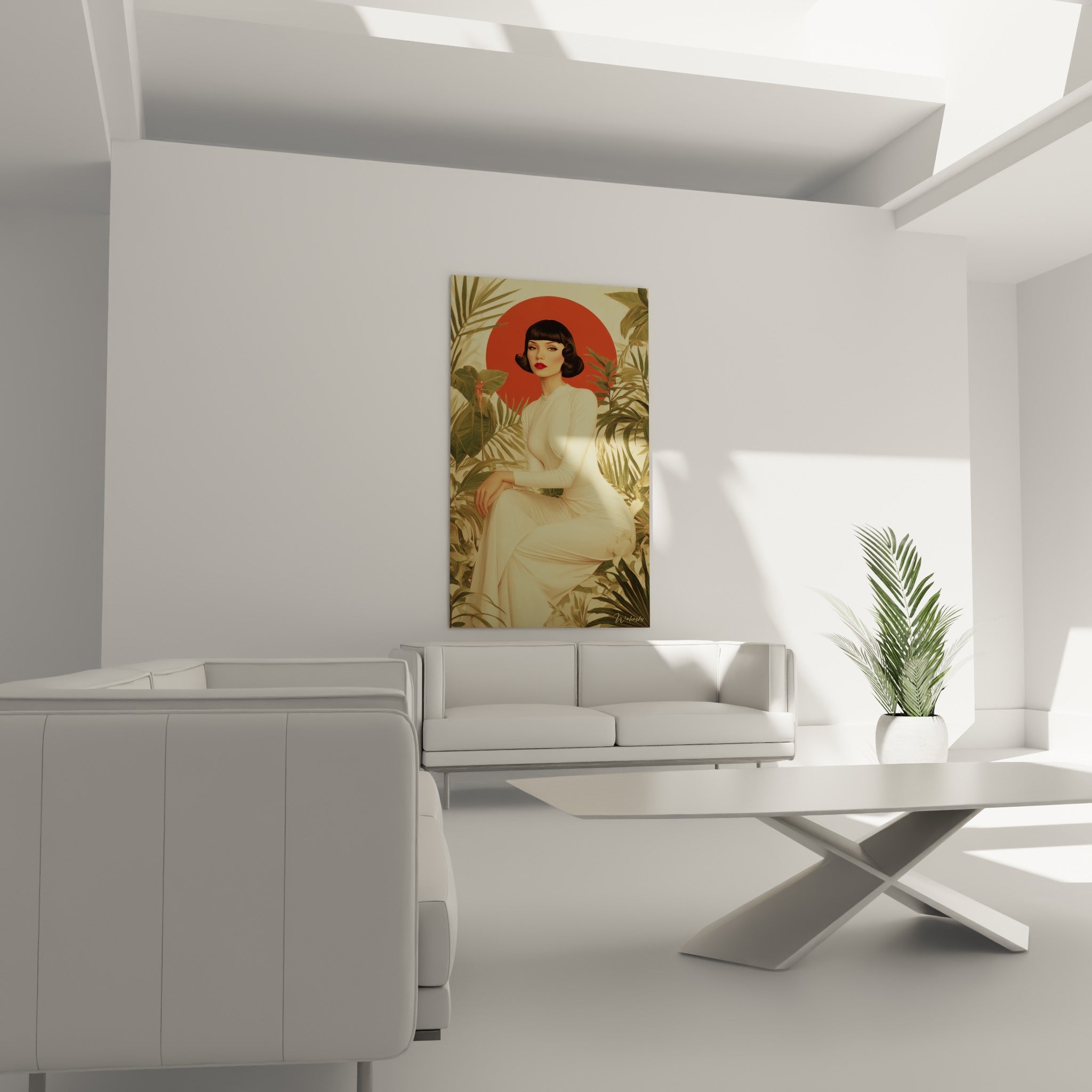 Portrait féminin rétro aux lèvres rouges et feuillage vert olive, au-dessus d'un canapé dans un salon lumineux
