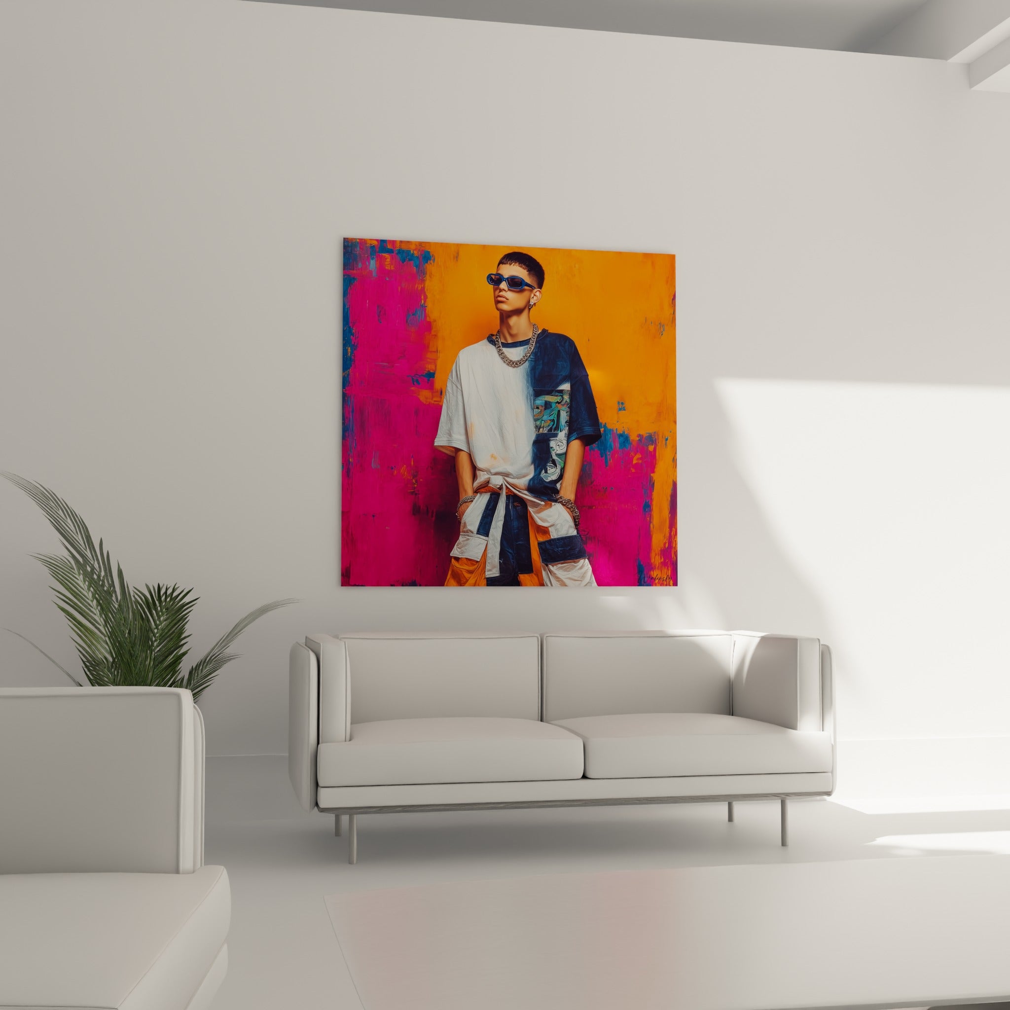 Portrait urbain aux teintes orange et fuchsia intenses, tableau au-dessus d'un canapé dans un salon lumineux