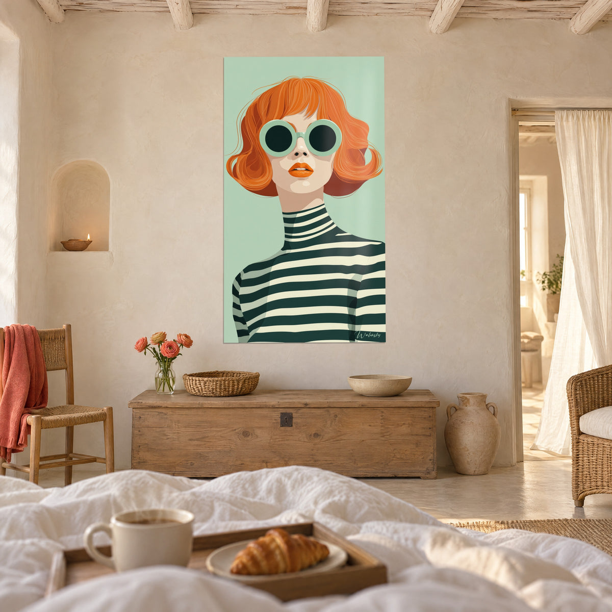 Quadro illustrazione di un'acconciatura arancio fiammeggiante su sfondo verde pastello, maglione marinaio scuro, sopra un letto in una camera luminosa