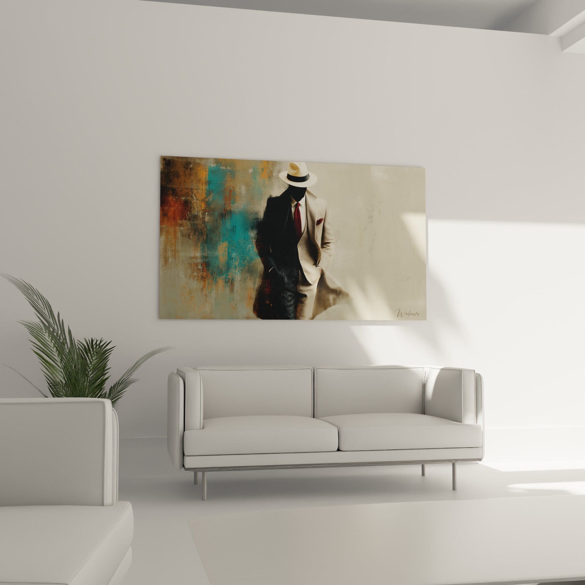 Personnage mystérieux en costume beige et chapeau clair, au-dessus d'un canapé dans un salon lumineux