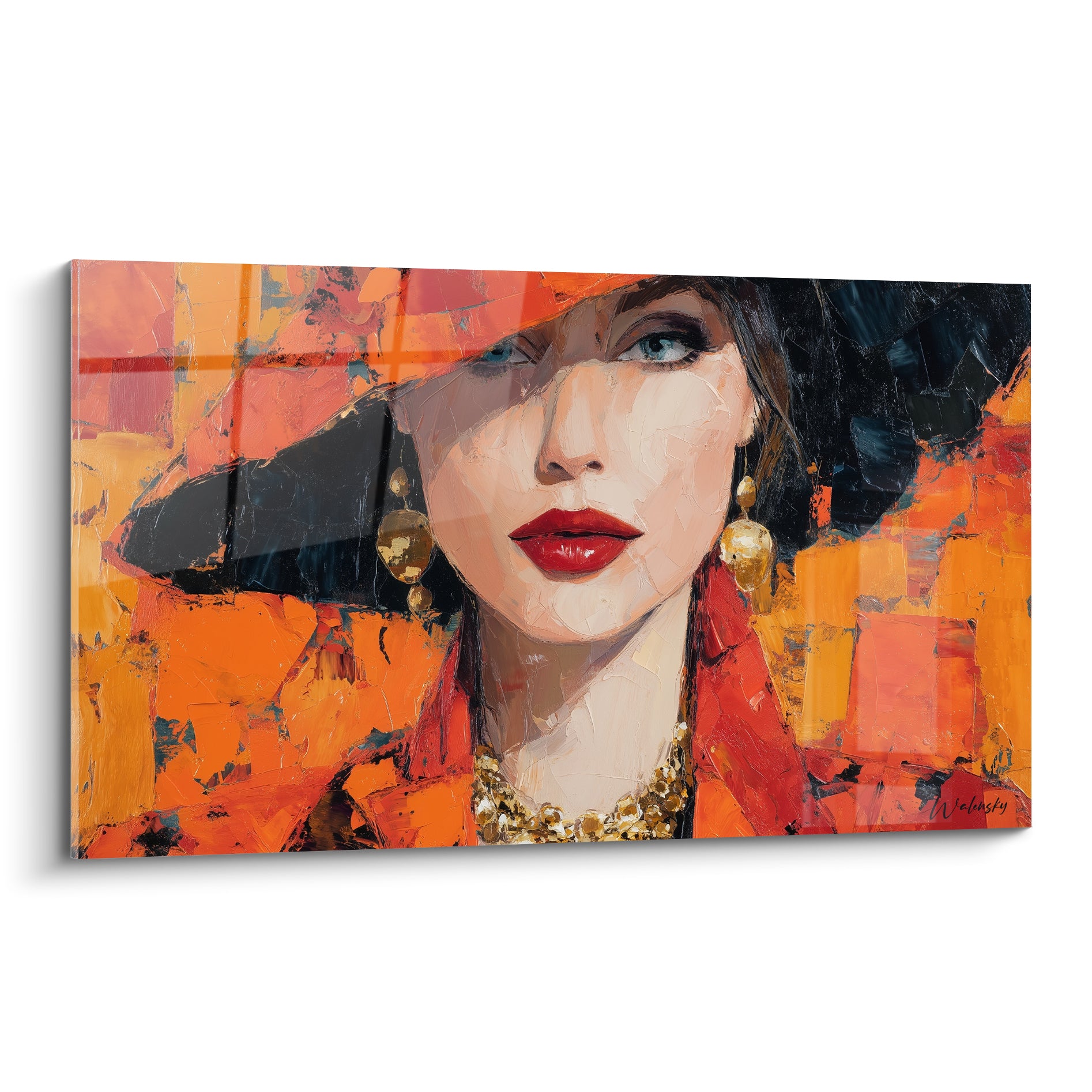 Femme au chapeau noir et lèvres rouges, illustration de mode aux tons orange et terracotta vibrants