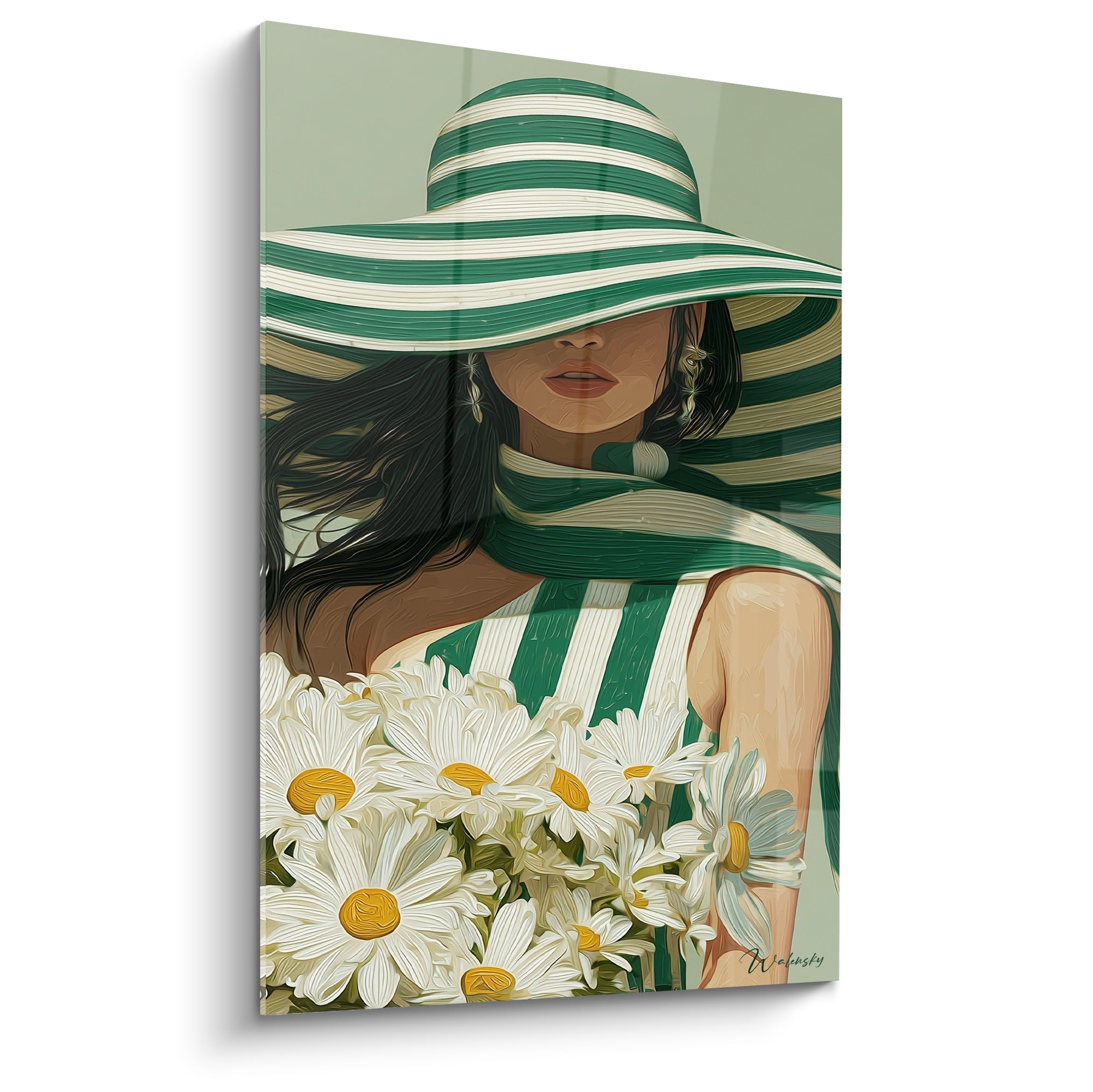 Silhouette au chapeau vert et blanc, marguerites blanches, illustration de mode raffinée