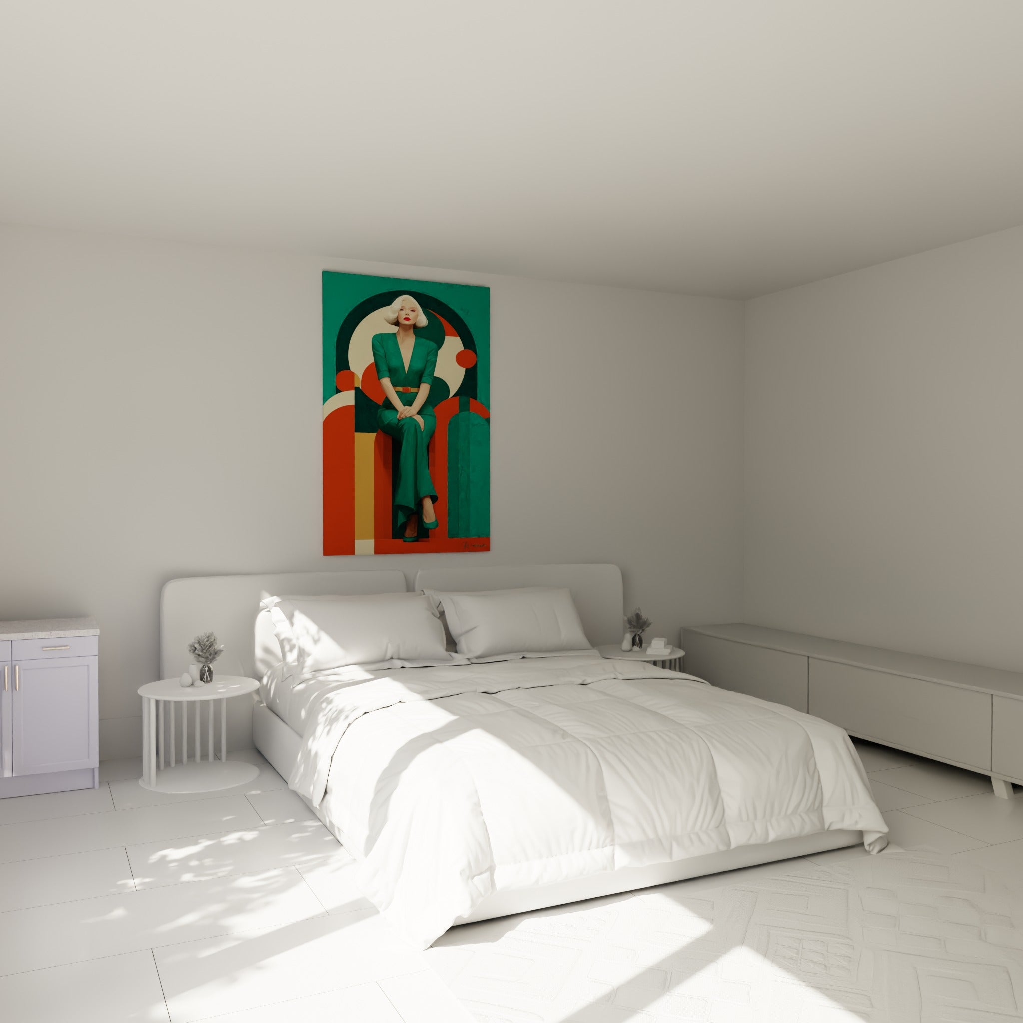Silhouette élégante en vert émeraude et rouge vif, accrochée au-dessus d'un lit dans une chambre claire