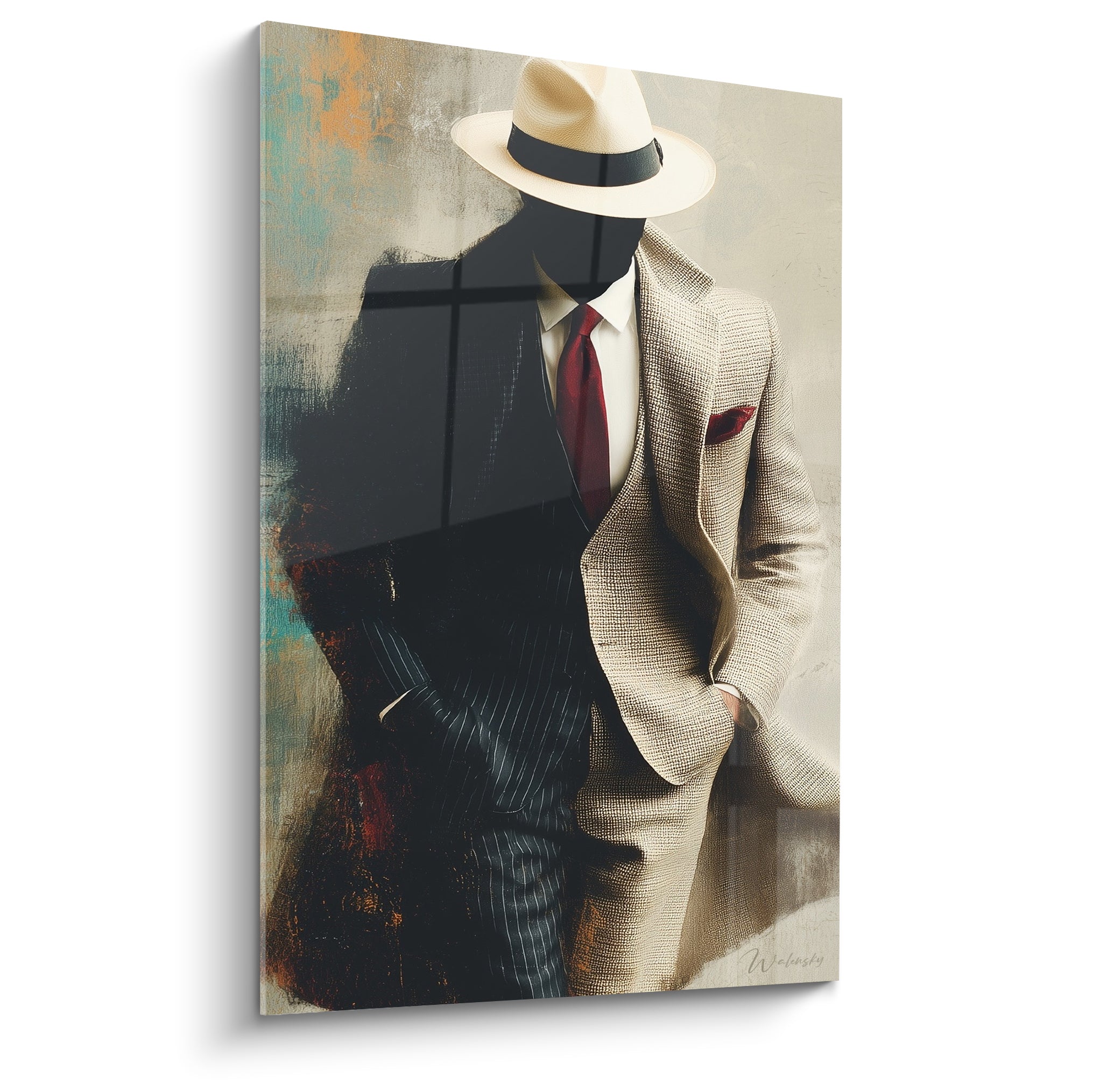 Silhouette au costume beige et marine, chapeau fedora crème, cravate bordeaux, illustration de mode