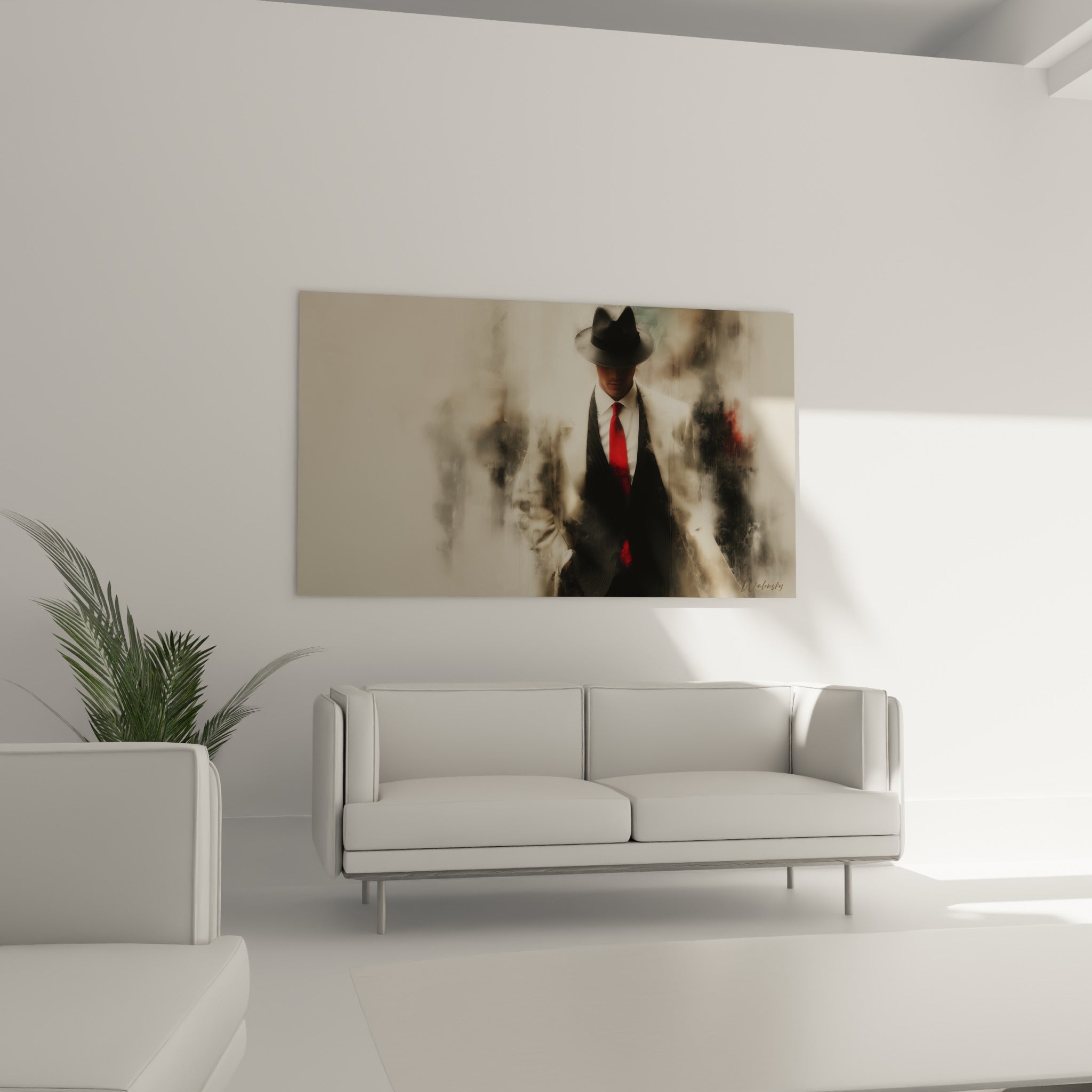 Personnage voilé de brume grise et beige, cravate rouge vive, au-dessus d'un canapé dans un salon lumineux