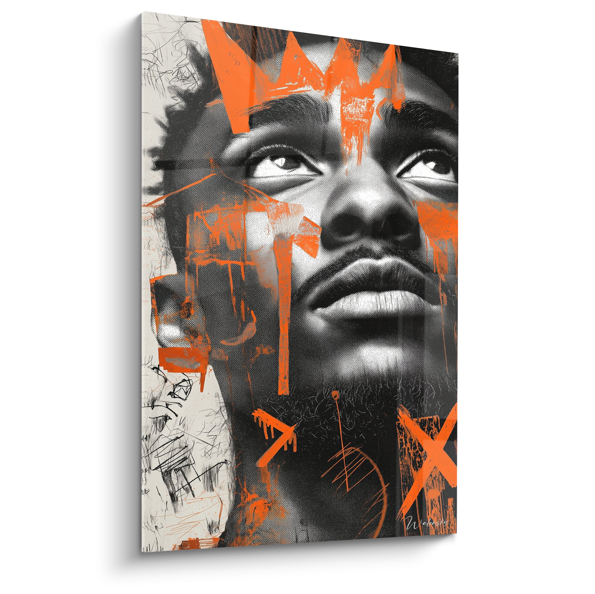 Visage en noir et blanc orné d'une couronne orange, style illustration de mode urbaine graphique