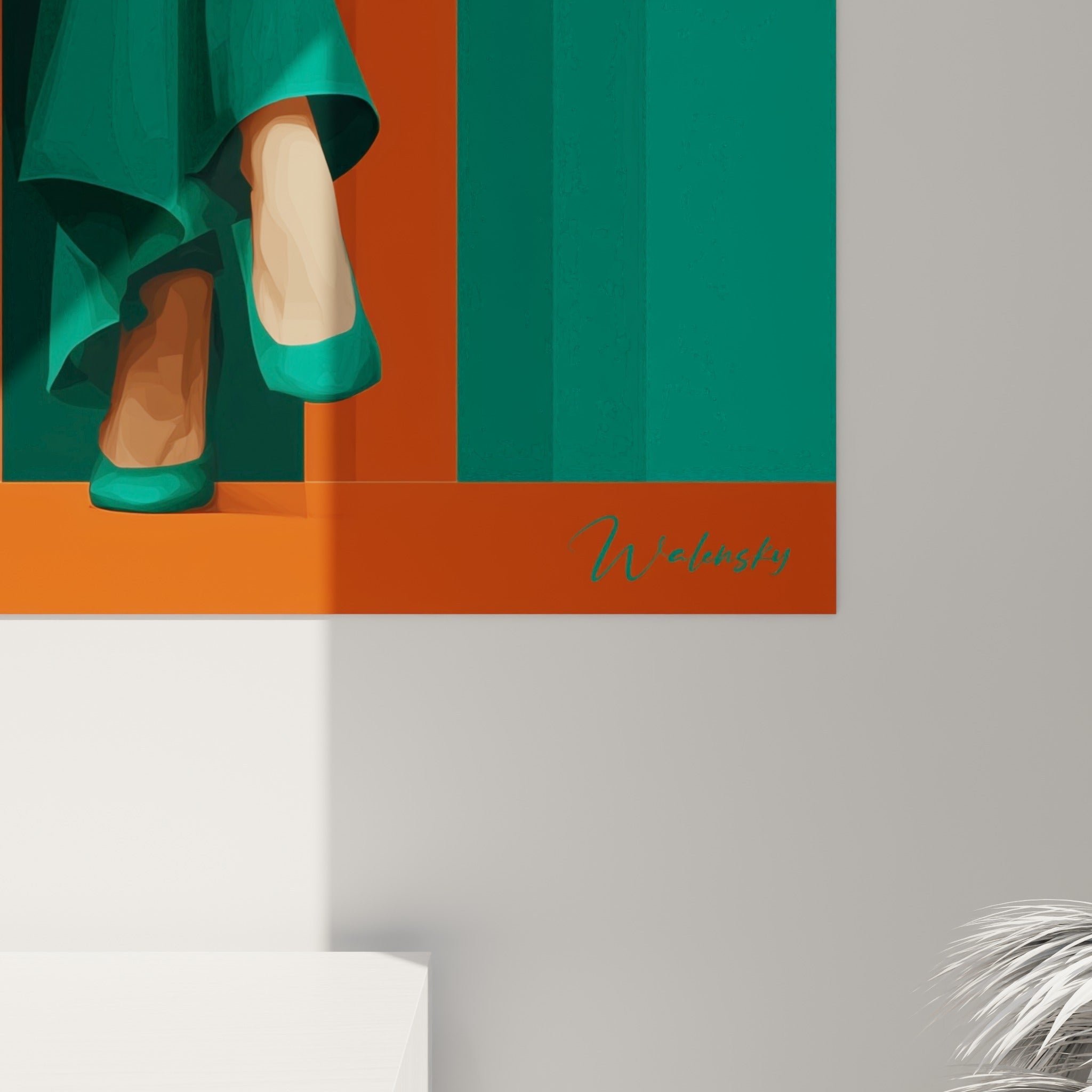 Détail des aplats vert émeraude et orange brique, grain lisse et contours nets de l'illustration encadrée