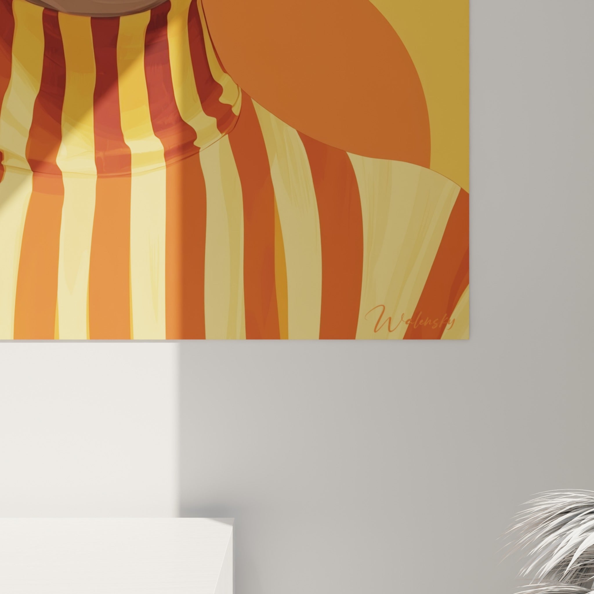 Empâtements colorés sur le pull rayé rouge et jaune, grain fin révélant les nuances orange et vert sauge