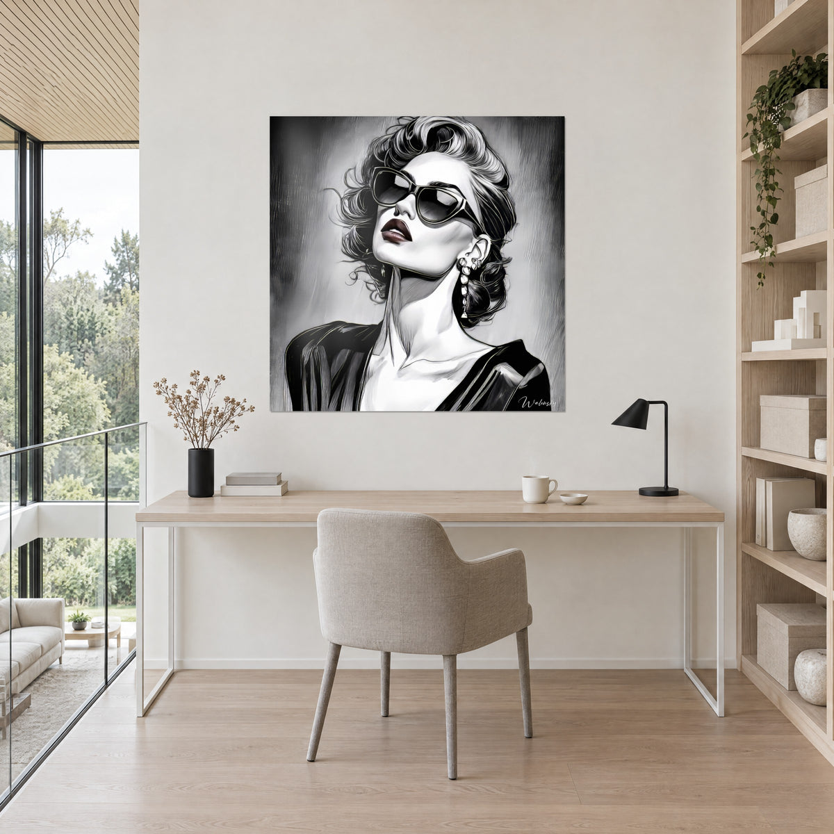 Tableau illustration de mode d'une diva en verres fumés, col de veste noir brillant, fond gris strié, au-dessus d'un bureau en bois clair