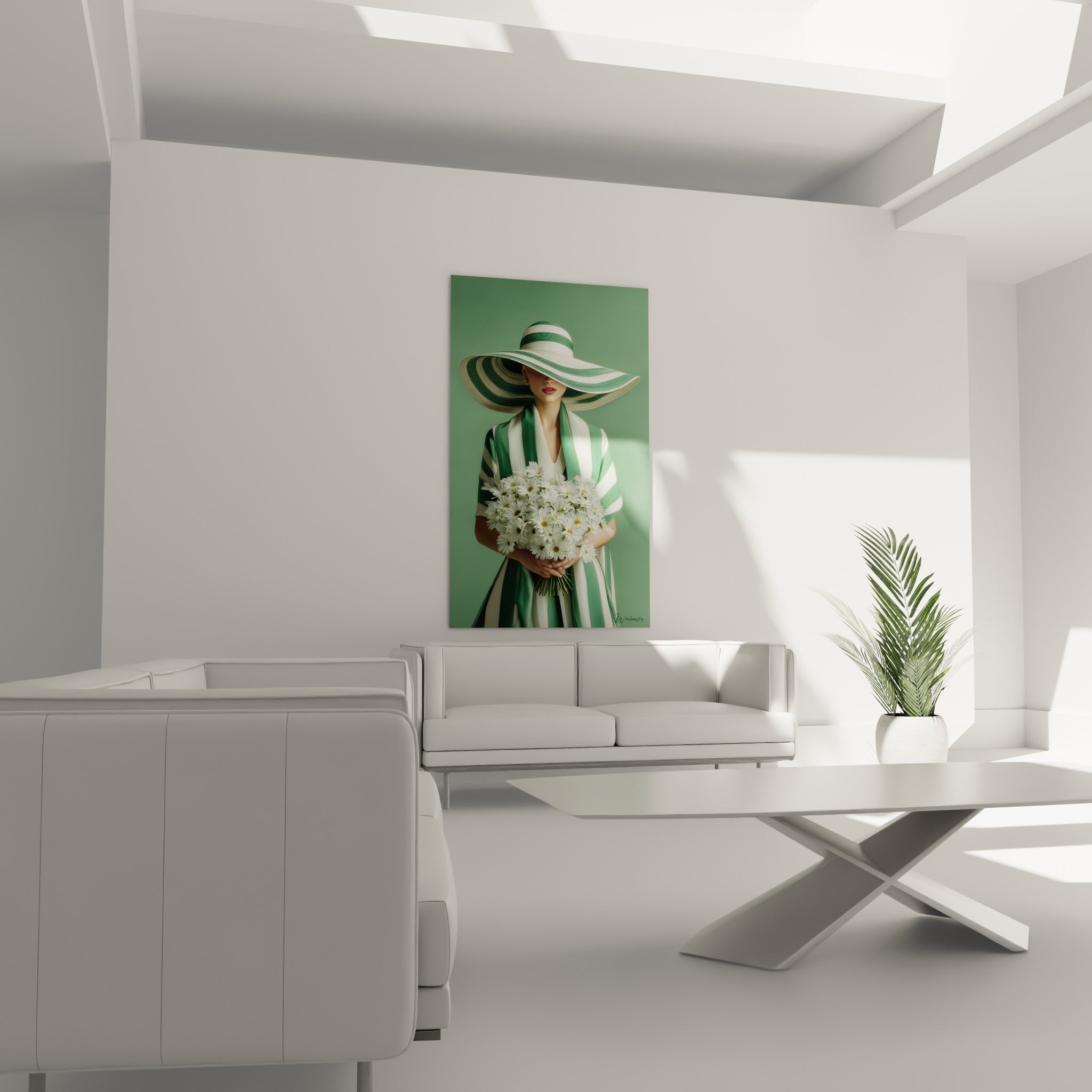 Écharpe rayée verte et blanche drapant les épaules, bouquet floral tenu délicatement, au-dessus d'un canapé dans un salon lumineux