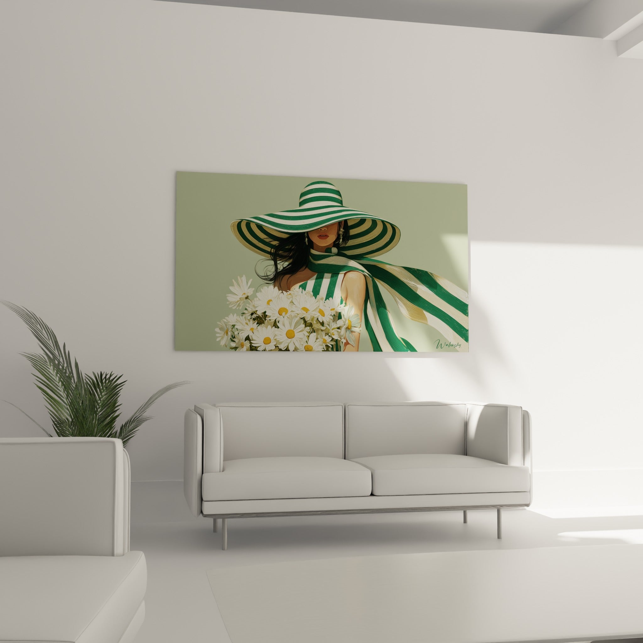 Écharpe verte flottante et bouquet de marguerites blanches d'une illustration de mode, au-dessus d'un canapé dans un salon lumineux