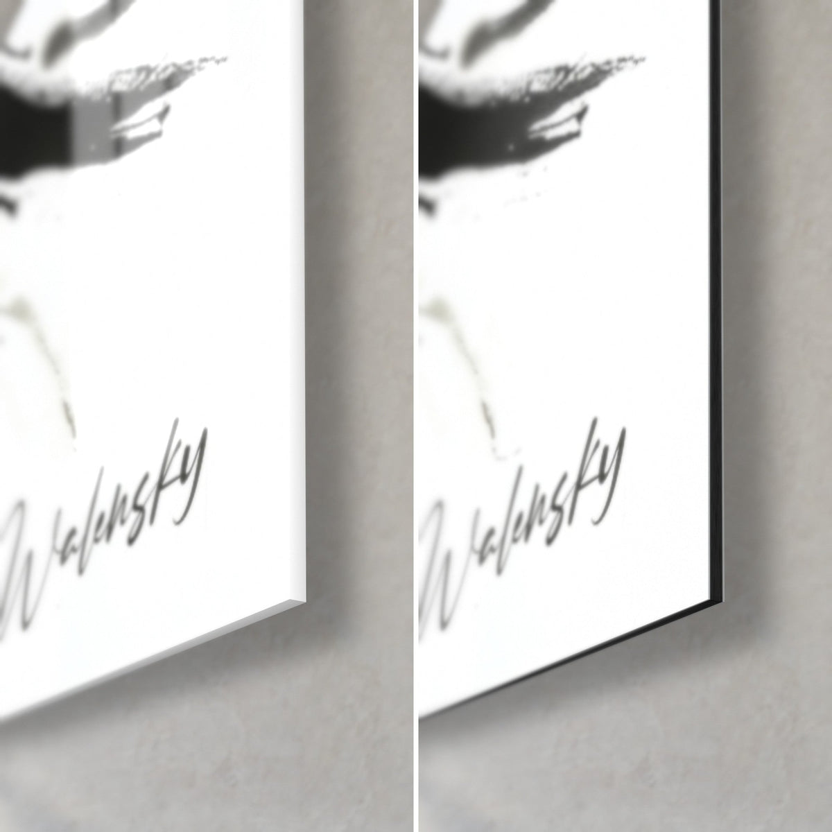 Tableau mannequin à large chapeau en encre noire et blanche, signature Walensky, coin bas droit : verre brillant, Dibond mat