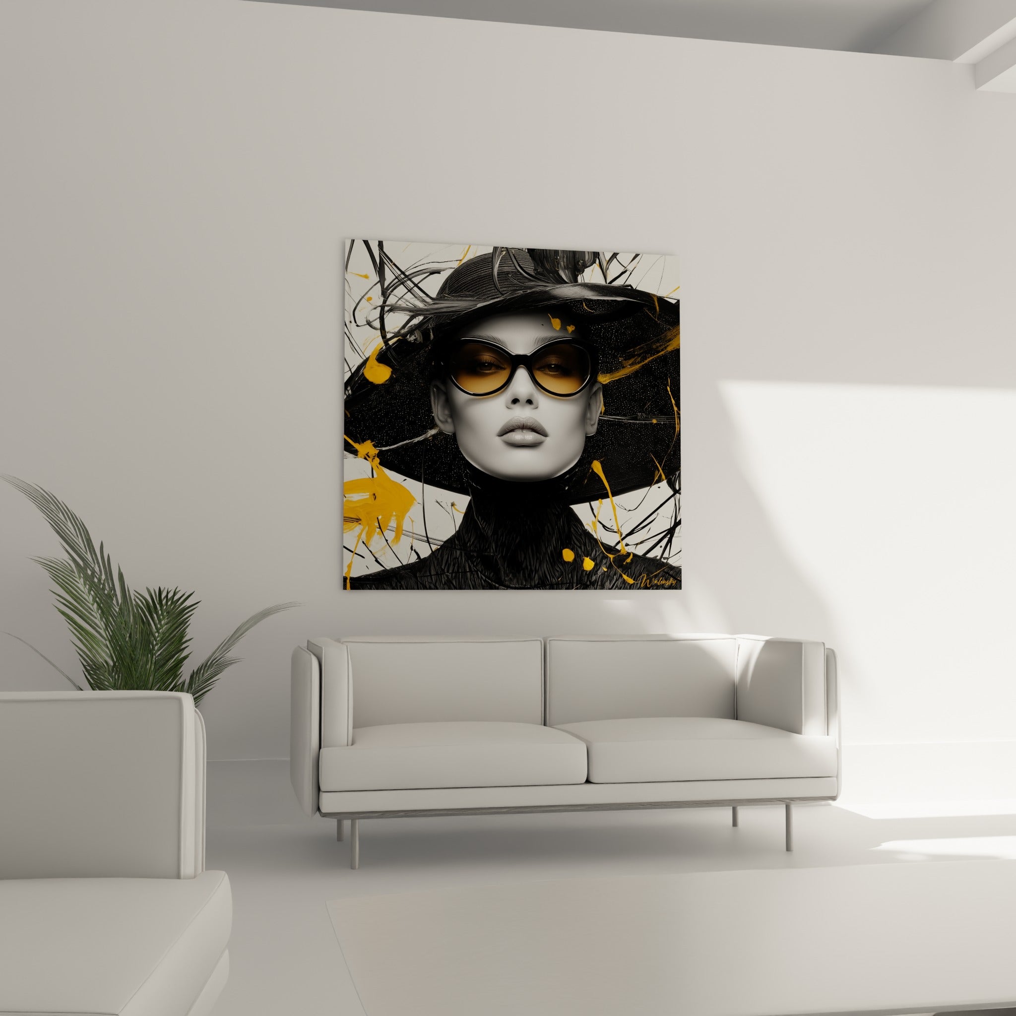 Visage aux lunettes ambrées et coulures jaunes, illustration de mode au-dessus d'un canapé dans un salon lumineux