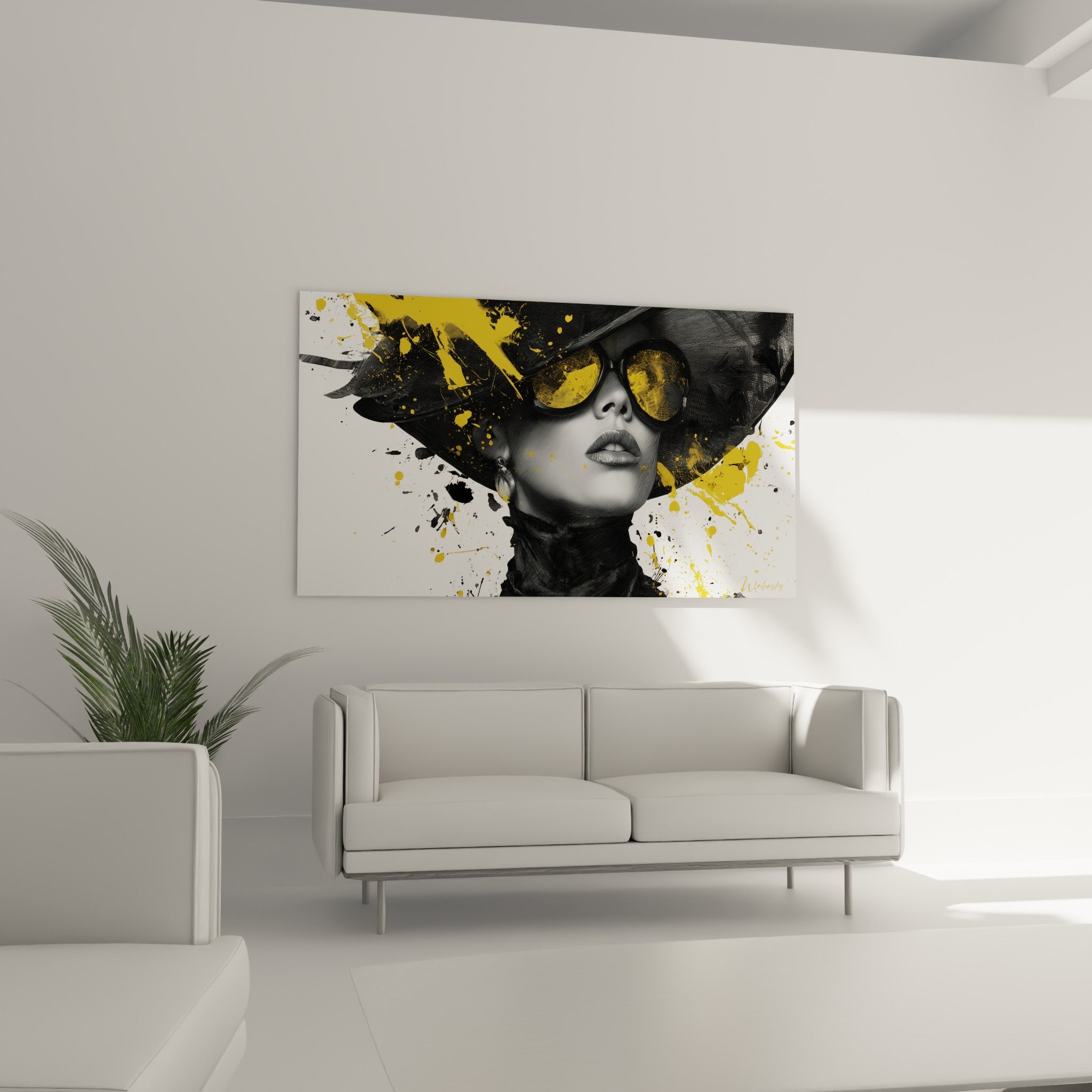 Visage esquissé sous un chapeau noir, lunettes reflétant du jaune vif, au-dessus d'un canapé dans un salon lumineux