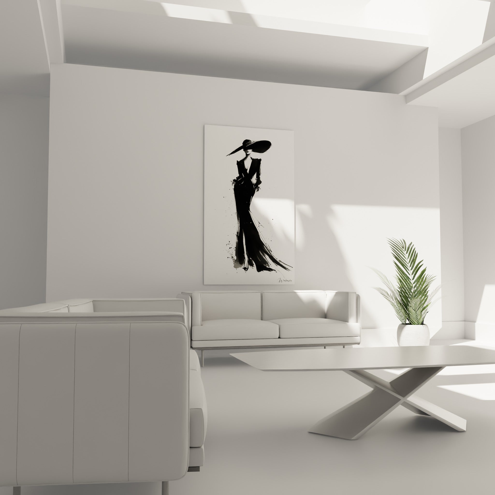 Élégante en robe fendue noire et blanche, geste d'encre vif, au-dessus d'un canapé dans un salon lumineux