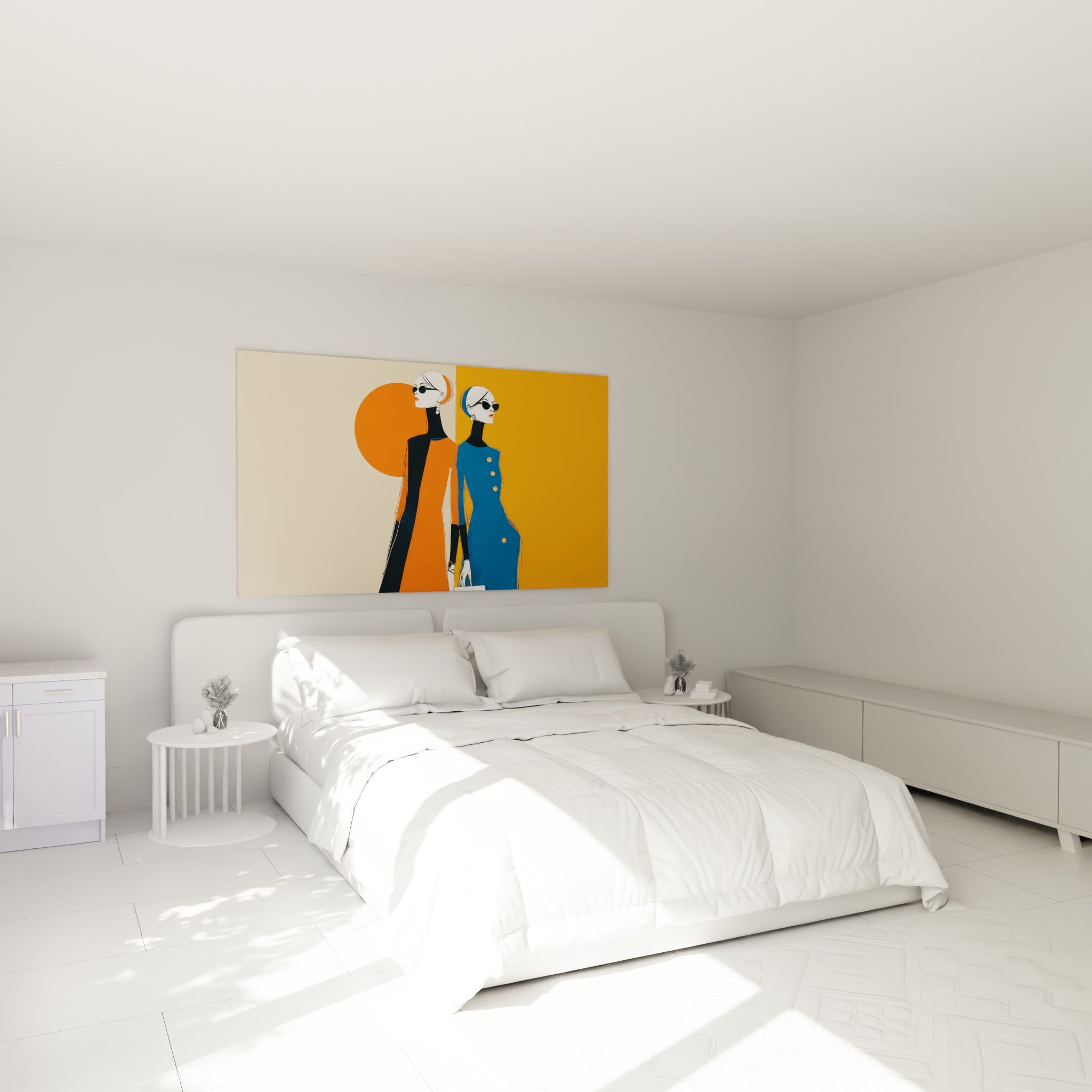 Élégantes stylisées en orange vif et bleu marine, au-dessus d'un lit dans une chambre claire