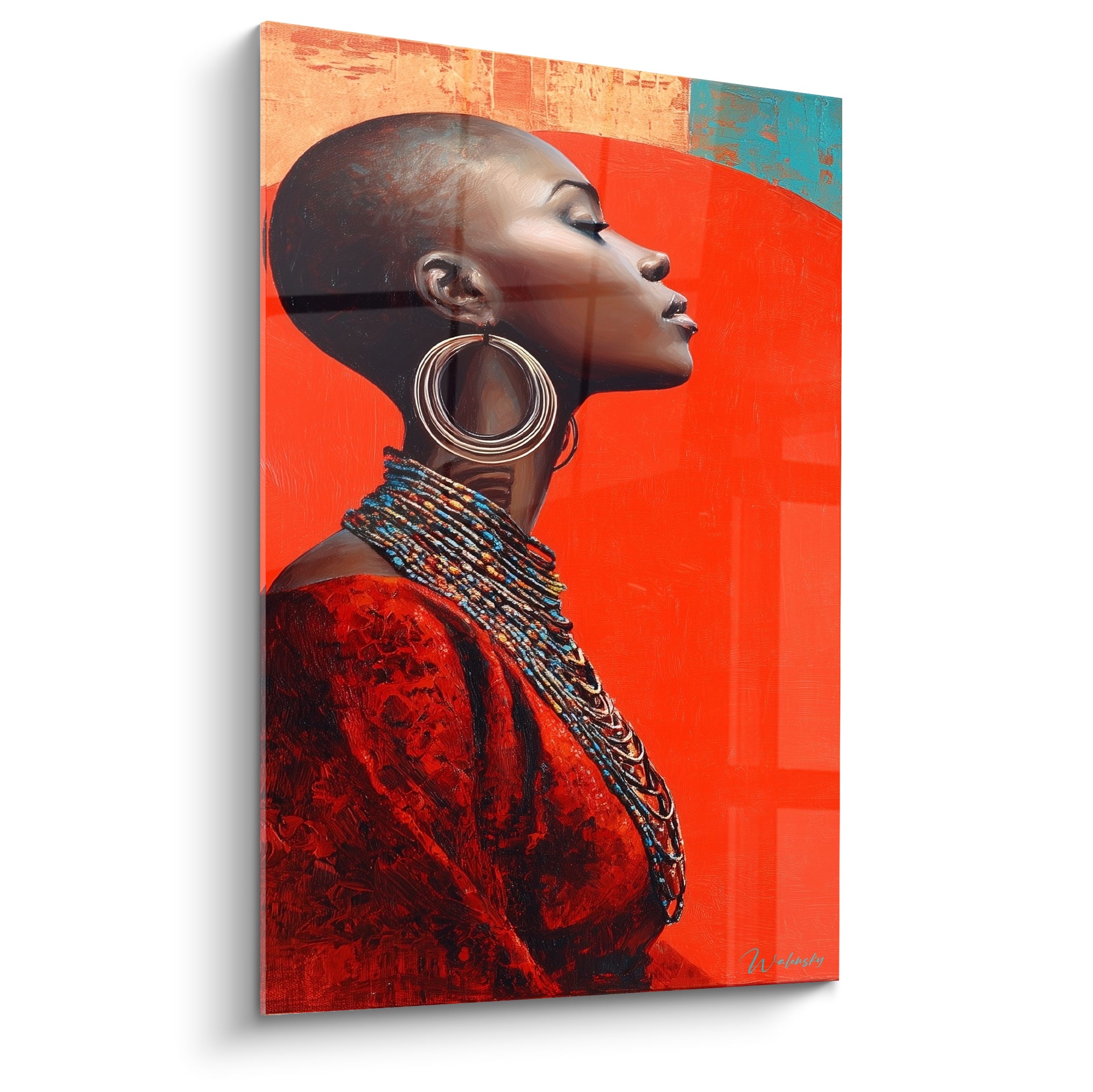 Femme africaine au crâne rasé, profil orange et turquoise, collier de perles multicolores peint