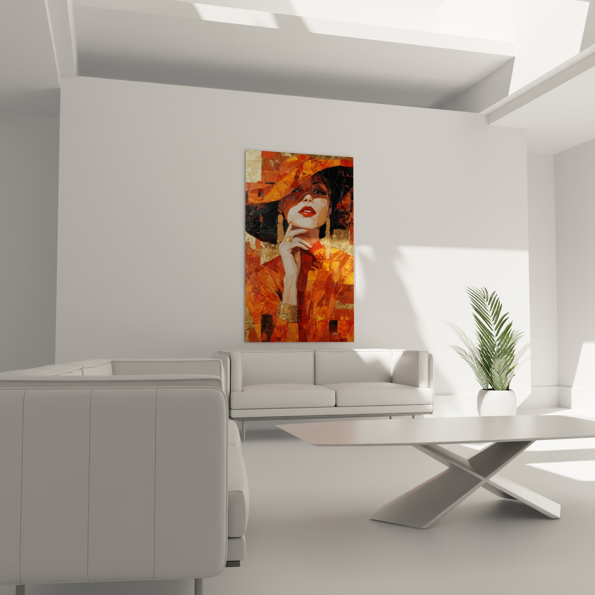 Silhouette au chapeau flamboyant, orange et anthracite, accrochée au-dessus d'un canapé dans un salon lumineux