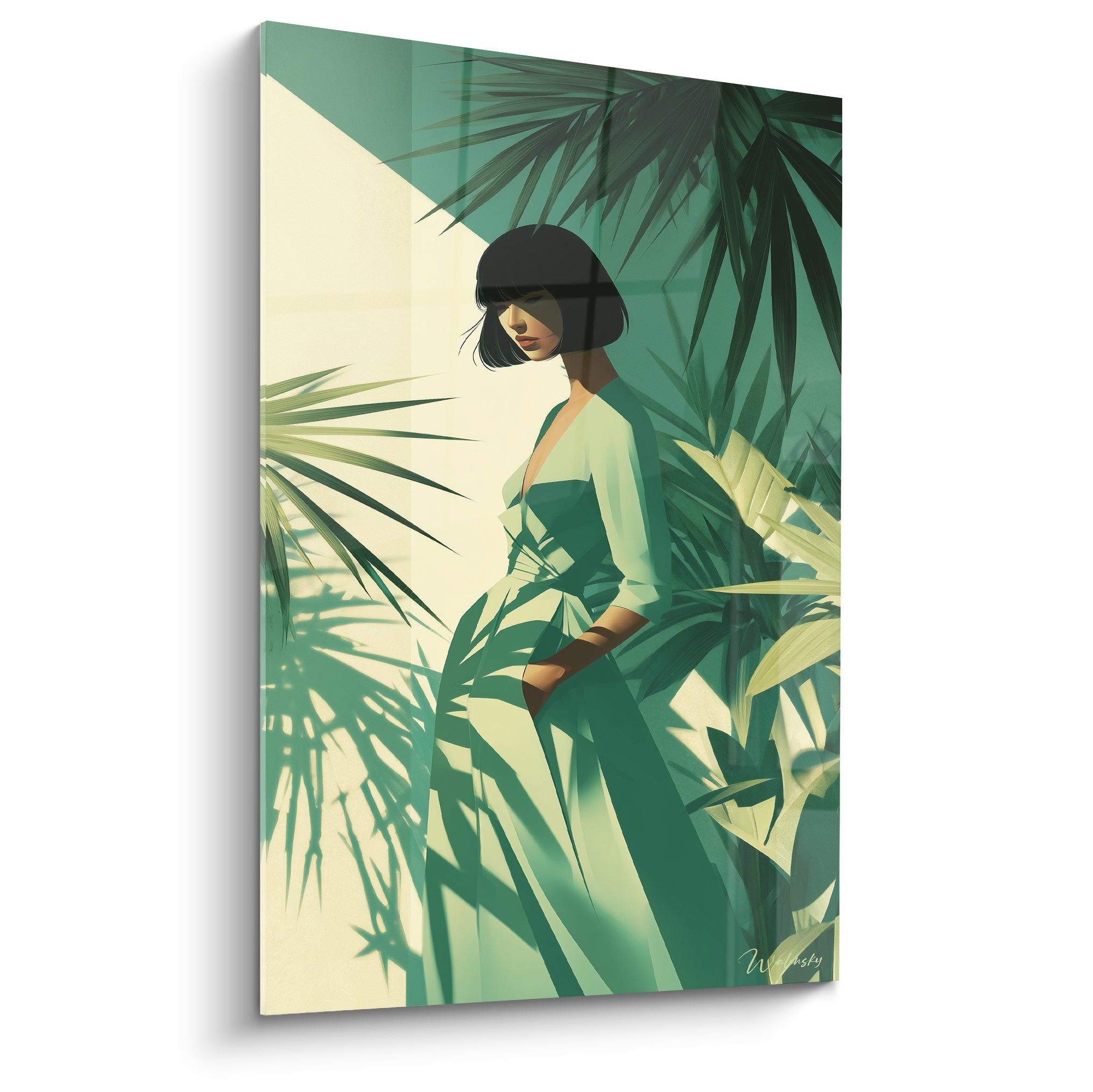 Illustration de mode d'une femme au carré noir, robe vert émeraude, entourée de palmiers ivoire