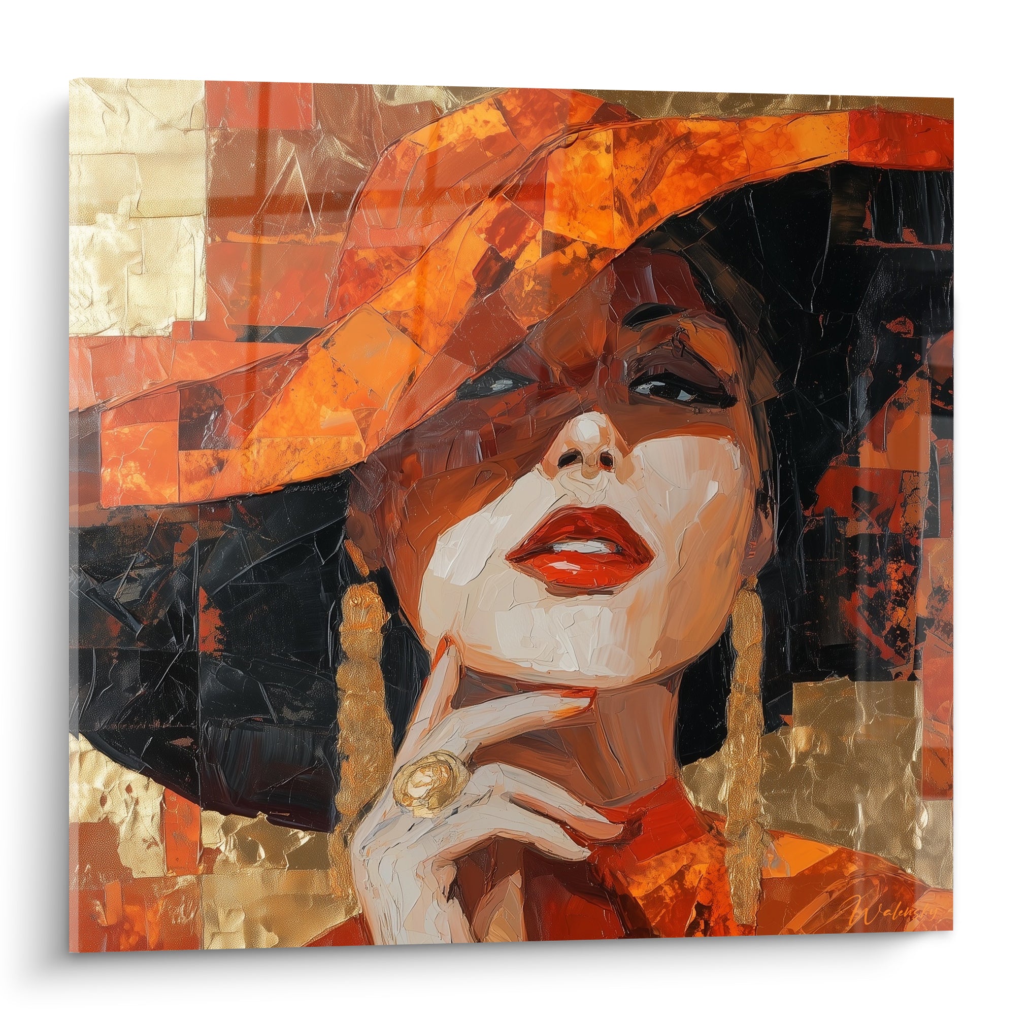 Femme au chapeau orange et doré, regard mi-clos, main gracieuse sous le menton