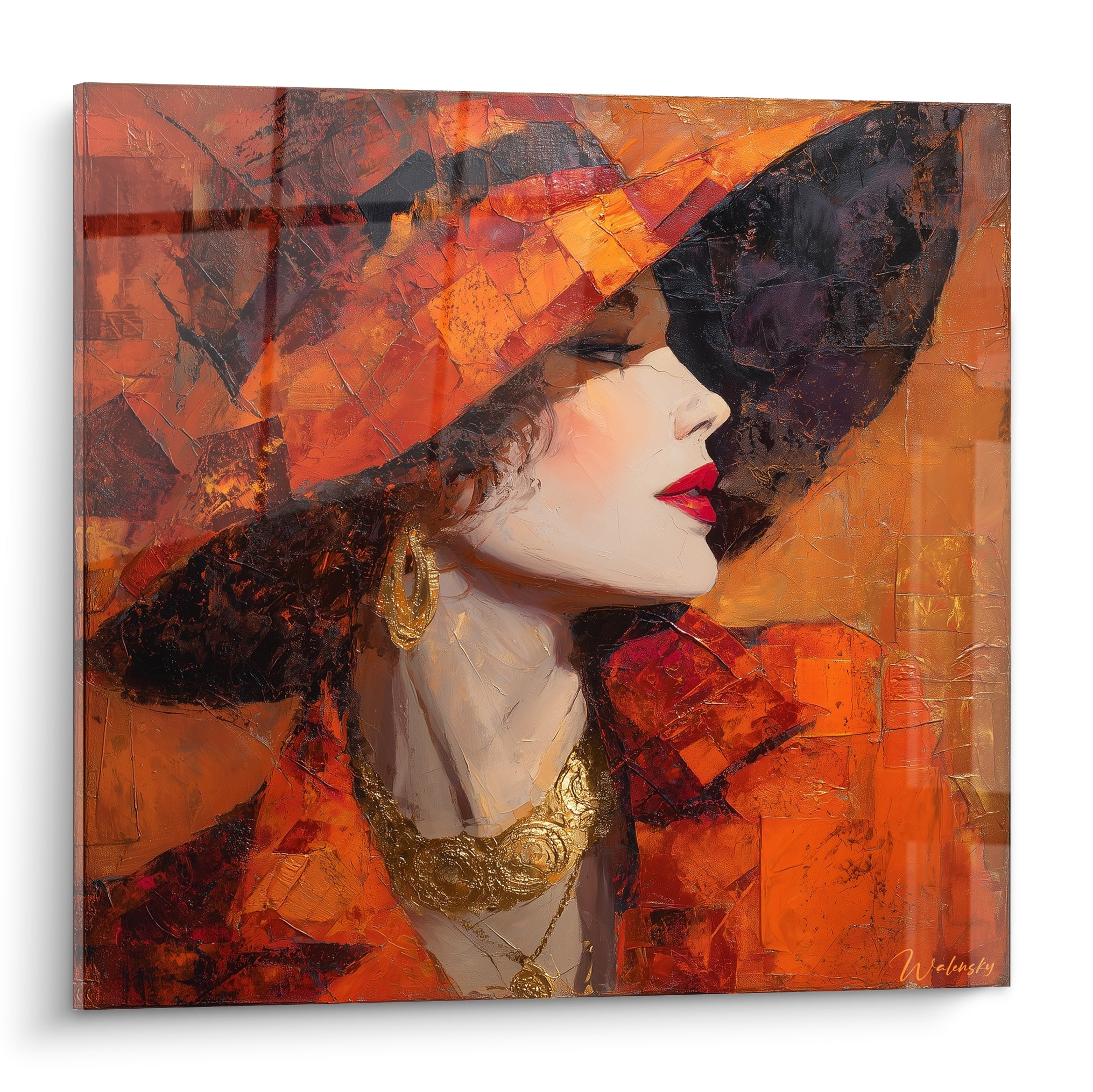 Femme au chapeau orange et noir, profil peint en empâtements, bijoux dorés, lèvres rouges intenses