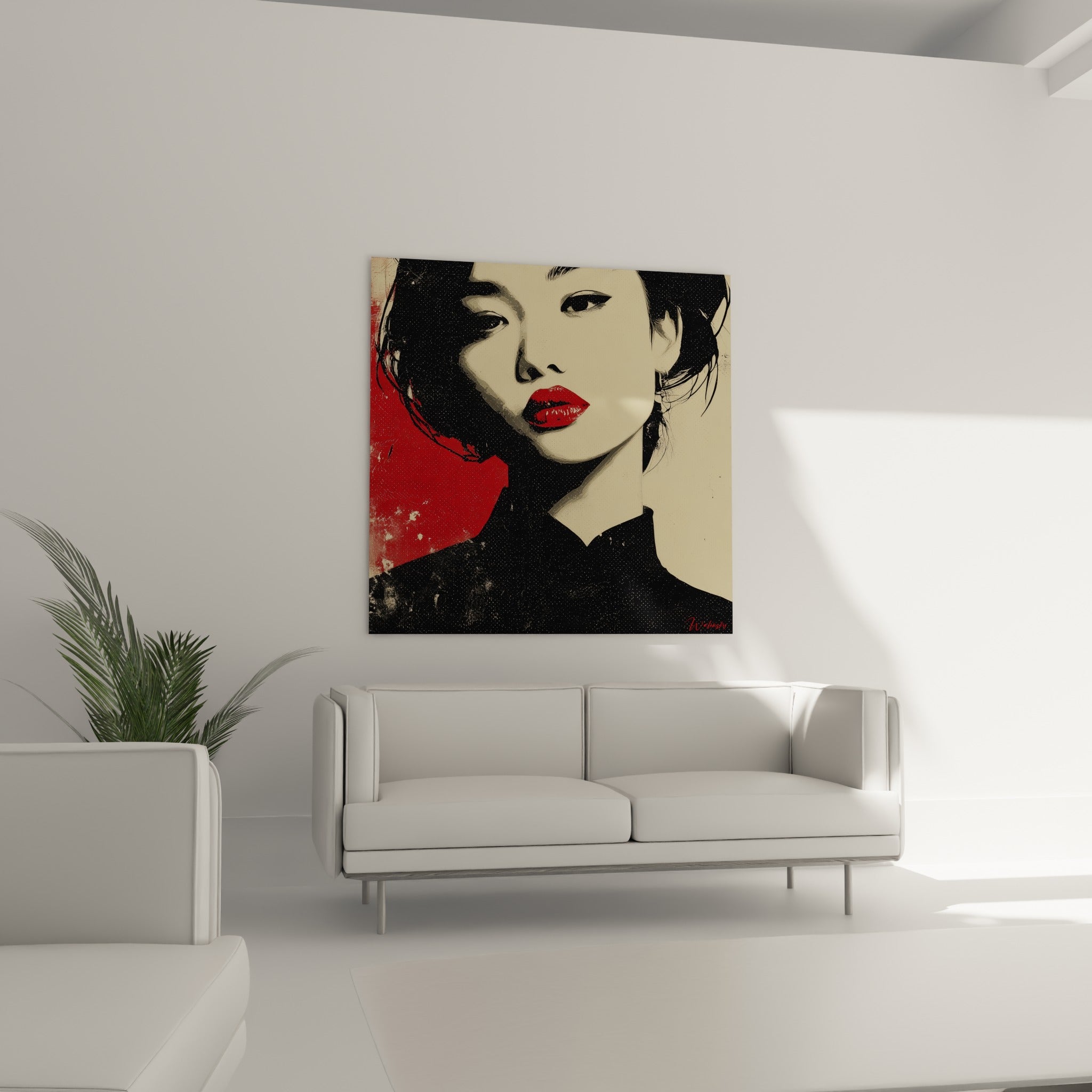 Portrait graphique aux tons ivoire et écarlate, tableau de mode au-dessus d'un canapé dans un salon lumineux