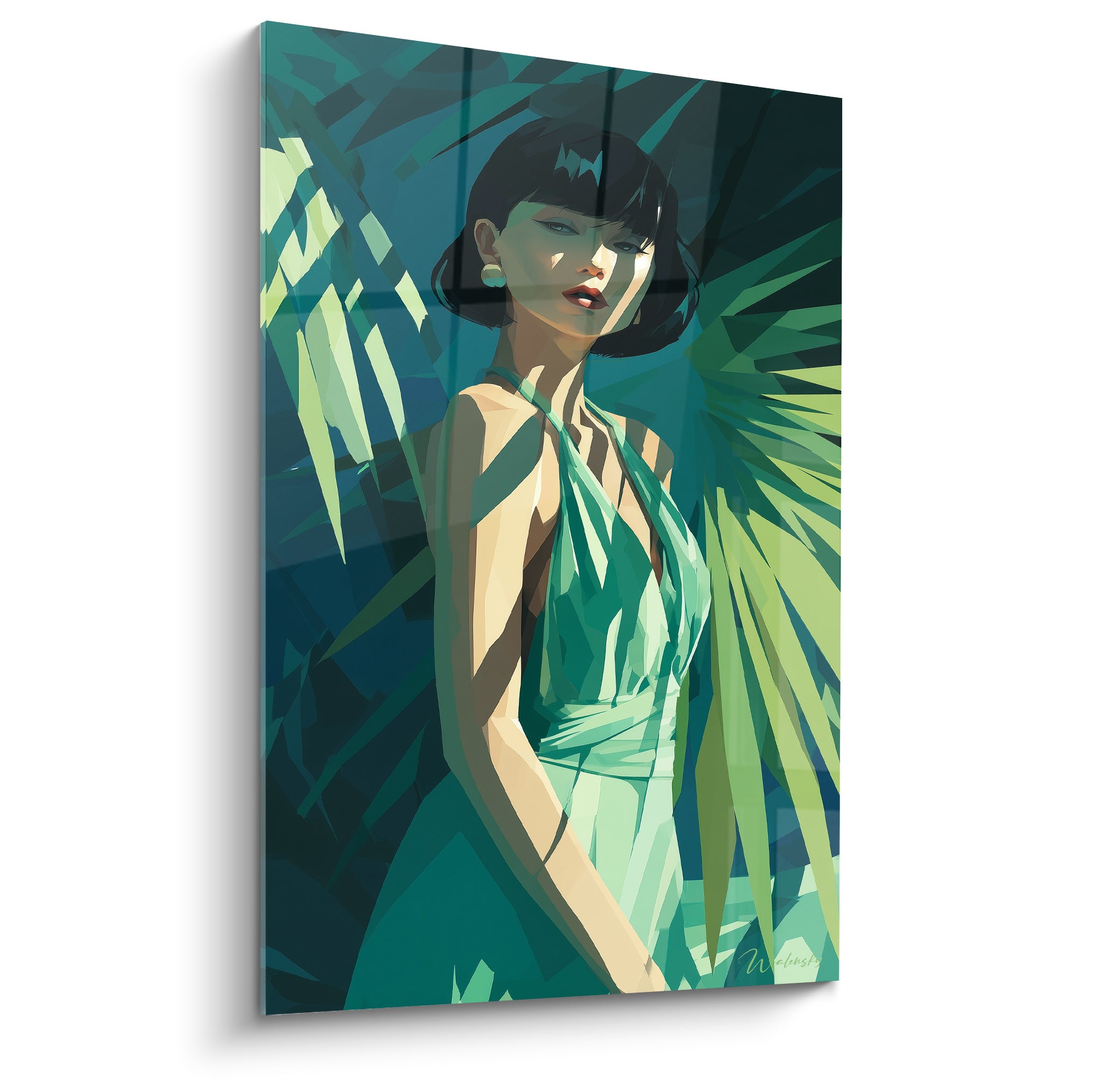 Femme au carré brun en robe émeraude parmi des feuilles de palmier vert et turquoise stylisées