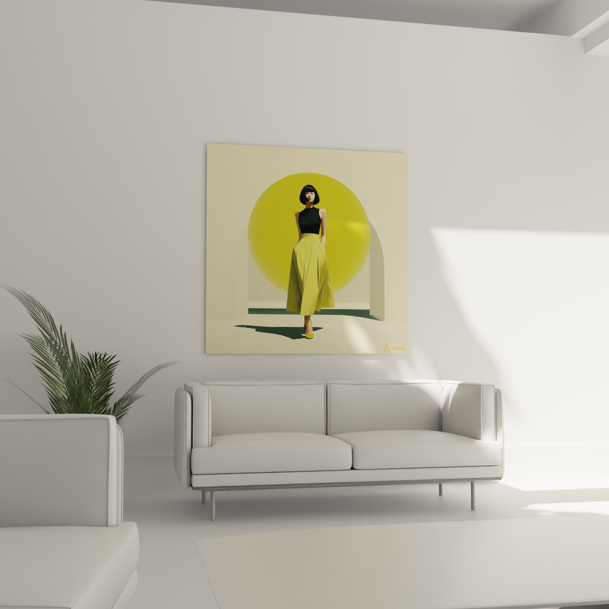 Illustration de mode élégante en vert acidulé et beige au-dessus d'un canapé dans un salon lumineux
