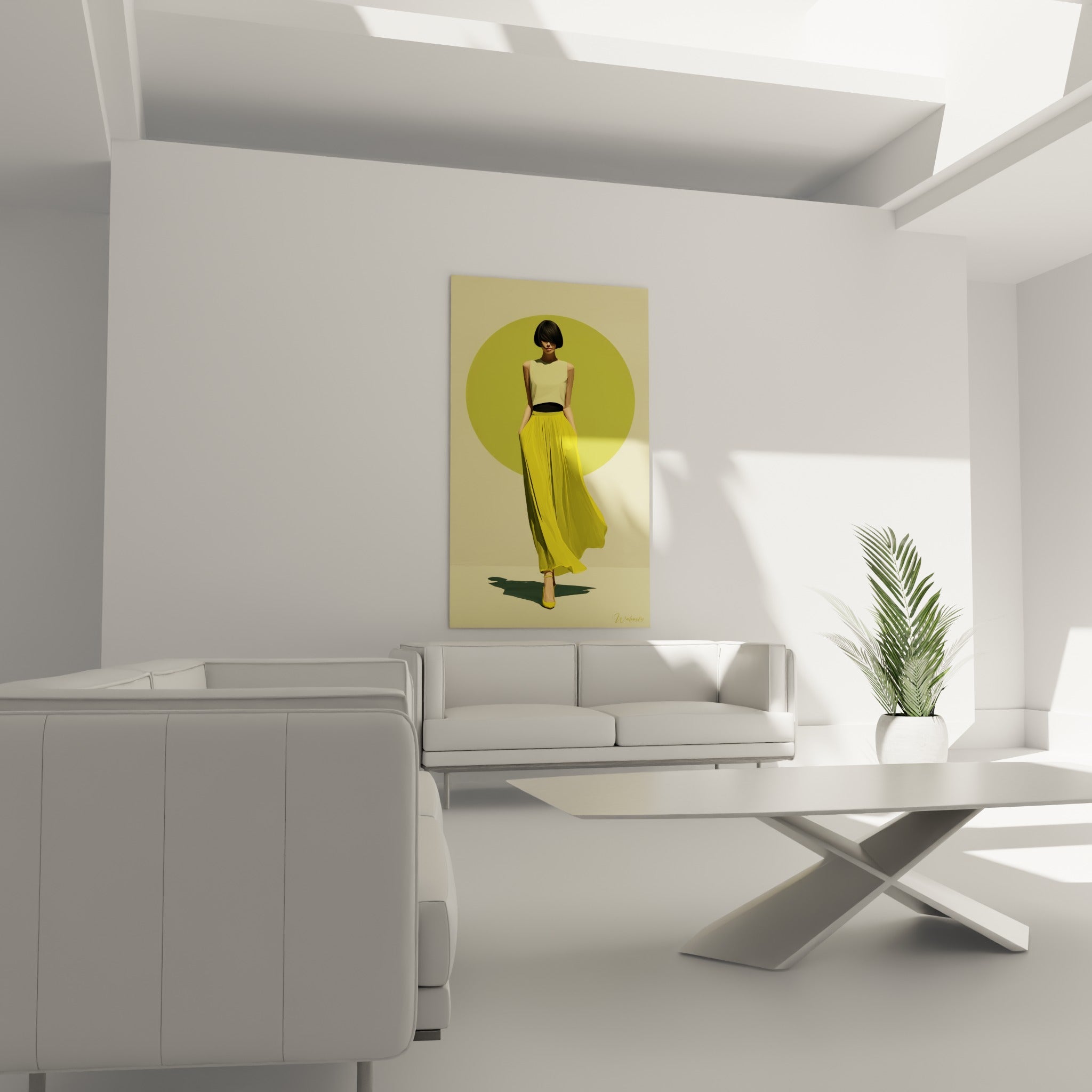 Élégante silhouette jaune et noire, illustration de mode au-dessus d'un canapé dans un salon lumineux