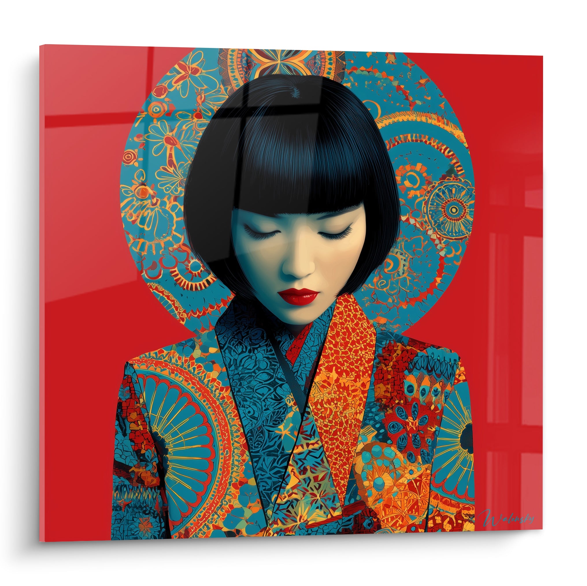 Femme aux yeux clos, kimono bleu et orange, fond rouge éclatant, illustration de mode graphique