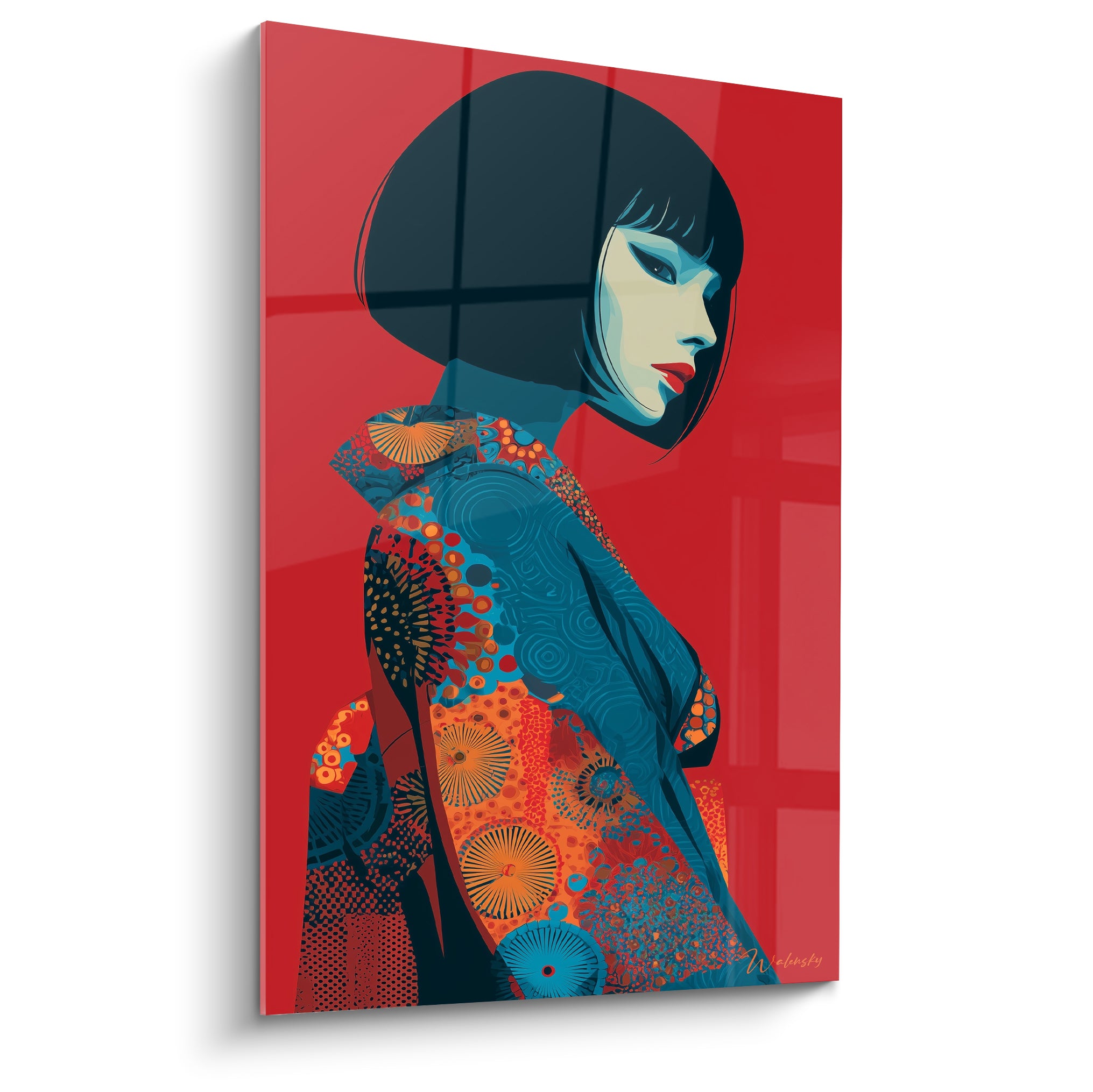 Illustration de mode d'une femme au carré noir et kimono bleu orné, fond rouge éclatant