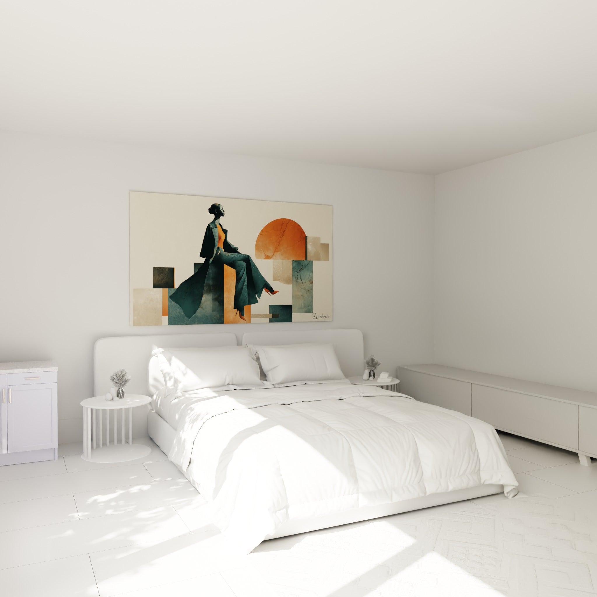 Femme élégante en bleu pétrole et talon orange, illustration de mode au-dessus d'un lit dans une chambre claire